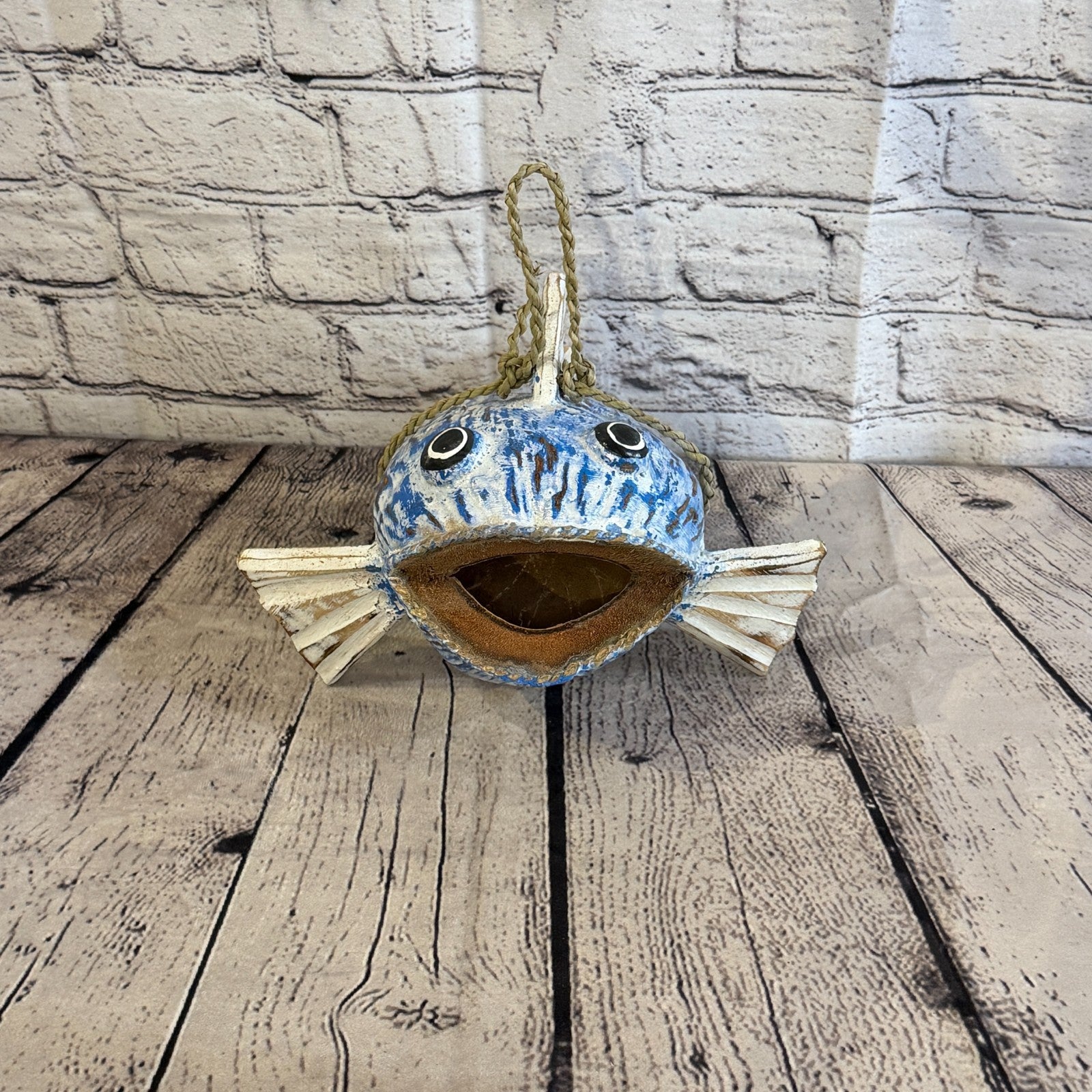 Green Blue Fins Folk Art Painted Shark Fish Coconut Shell Ornaments Hanging1
