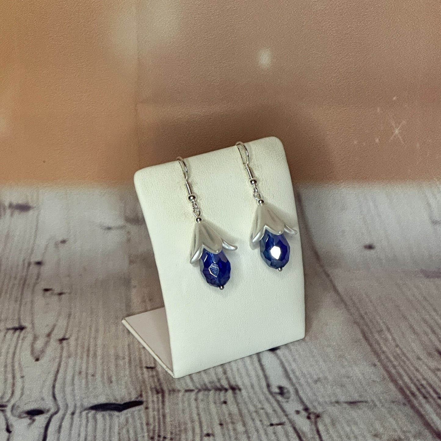 Dark Blue Drop Crystal Lily Flower Dangle Drop Earrings Handmade UK Jewellery2