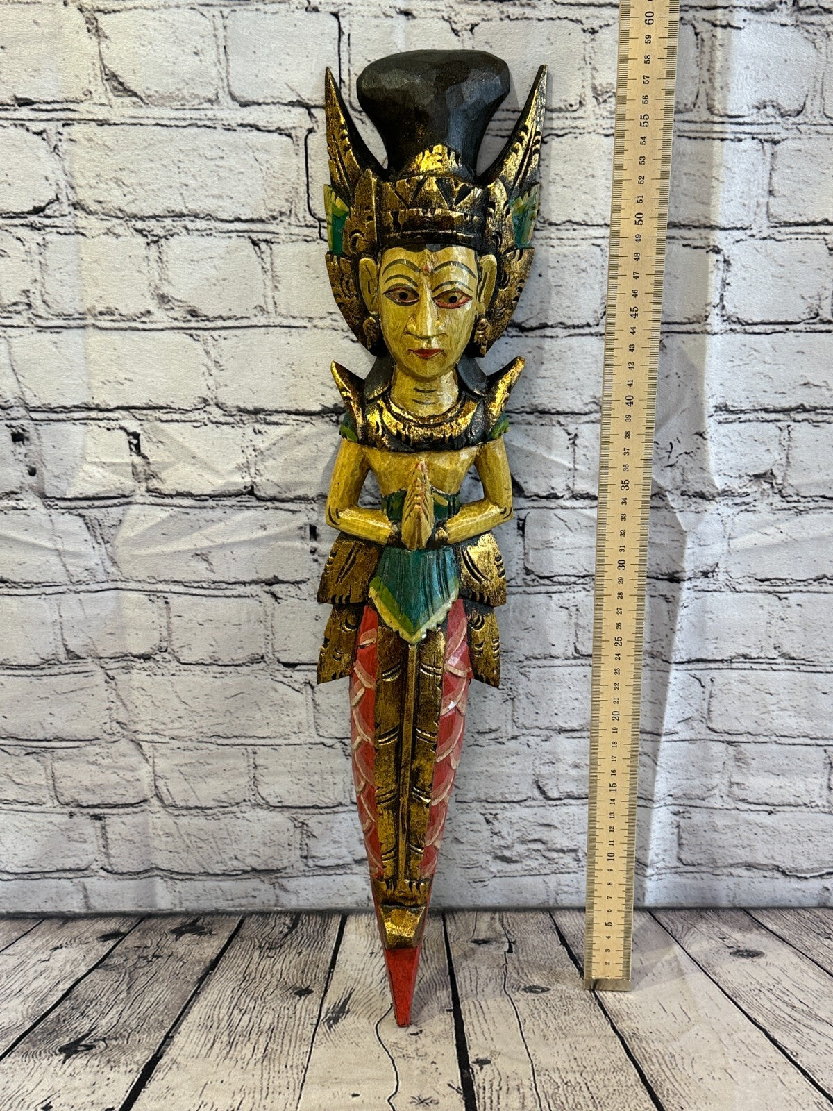 Old Antique Colour Sita Dewi Bali Rice Goddess Wings Mermaid Wood 60cm Pair7