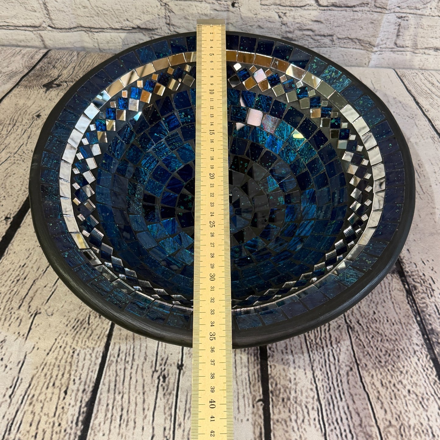 35cm Indigo Blue Round Mirror Mosaic Handmade Ceramic Glass Tile Bowl Fruit2