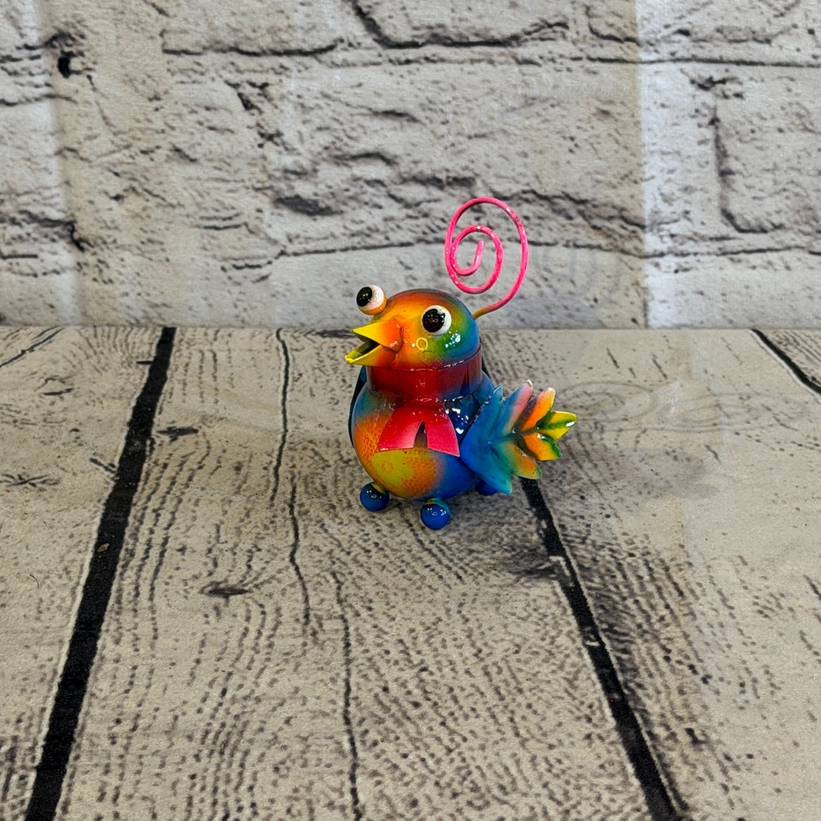 8cm x 8cm Small Scarf Colourful Bird Orange Metal Tin Standing Ornament Statue0