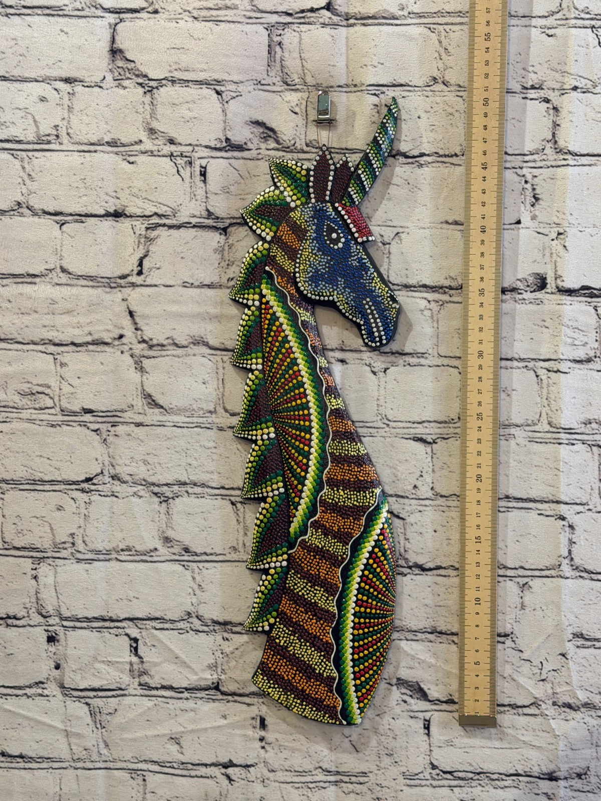 45cm Unicorn Carved Wooden Dot Painted Ethnic Tribal Tiki Wall Art No 64
