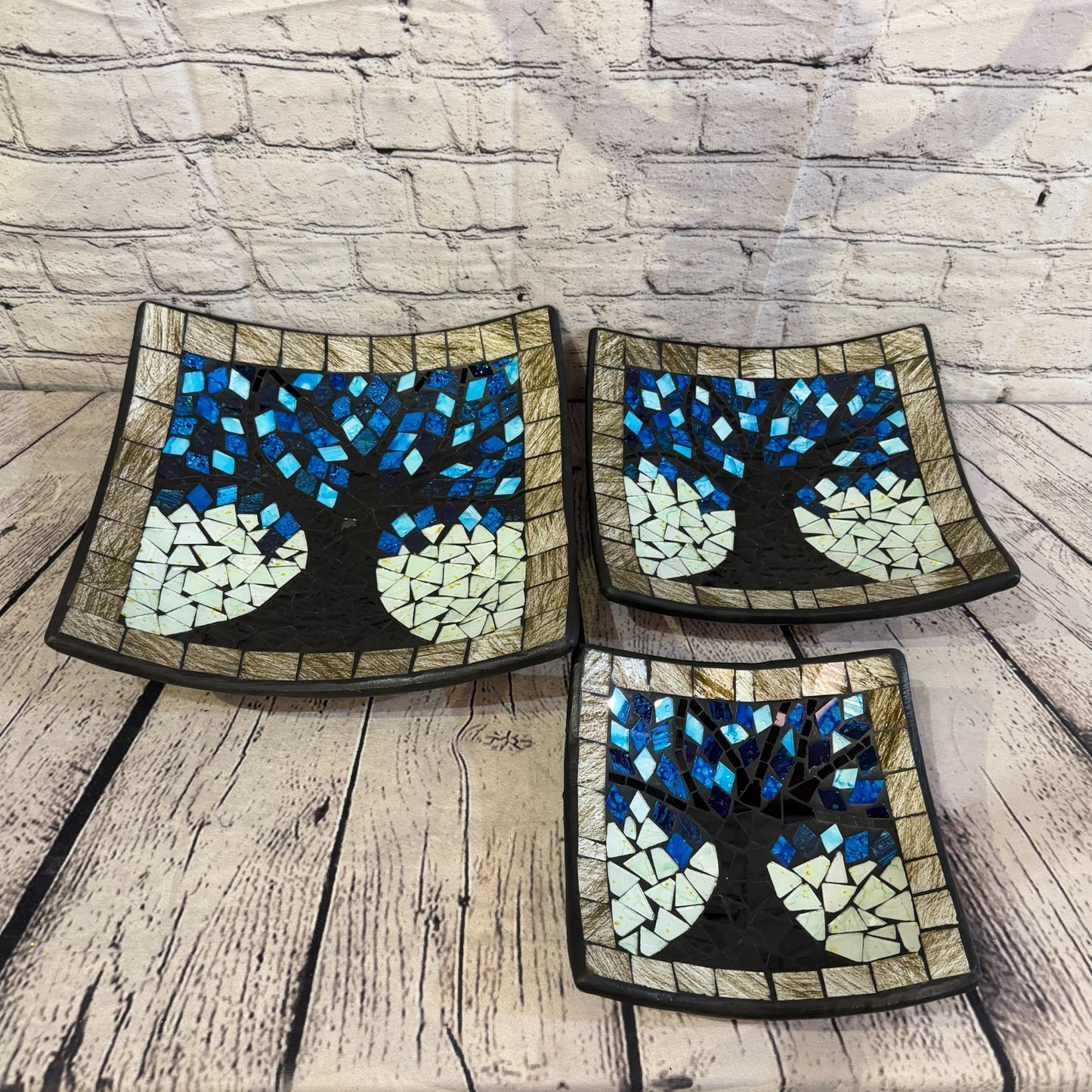 28cm Tree Of Life Blue Grey Square Mosaic Handmade Ceramic Glass Tile Bowl Fruit4
