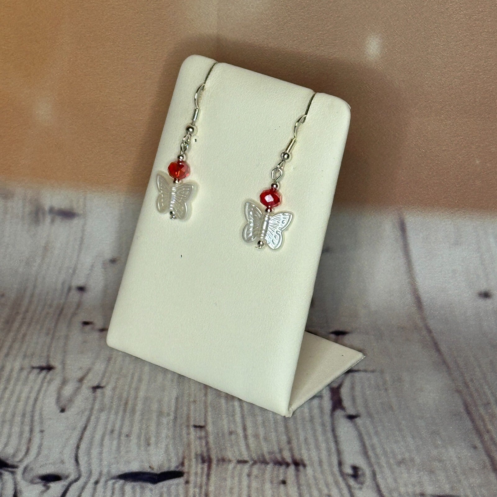 Red Crystal And White Butterfly Dangle Drop Earrings Handmade UK Jewellery1
