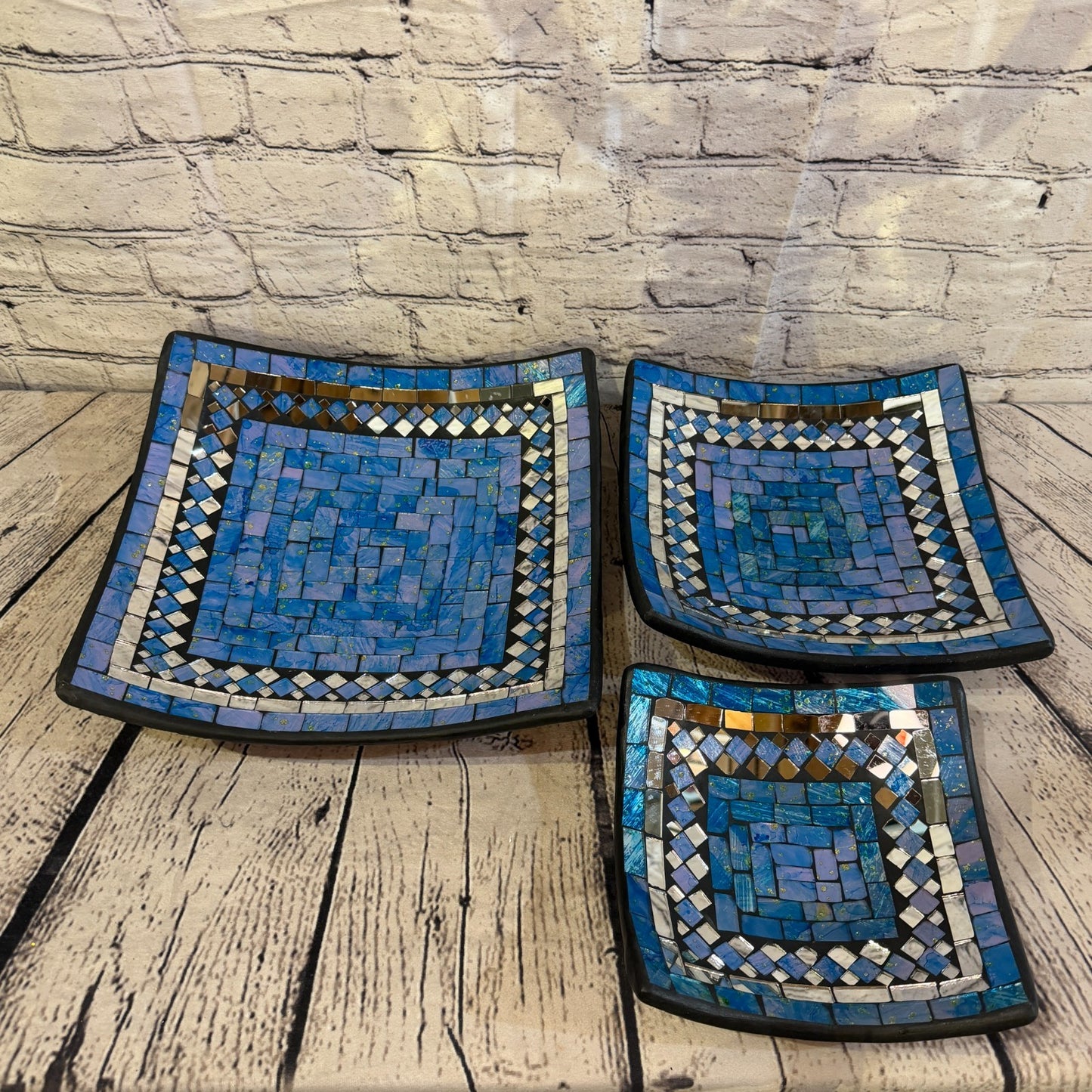20cm Light Blue Square Mirror Mosaic Handmade Ceramic Glass Tile Bowl Fruit4