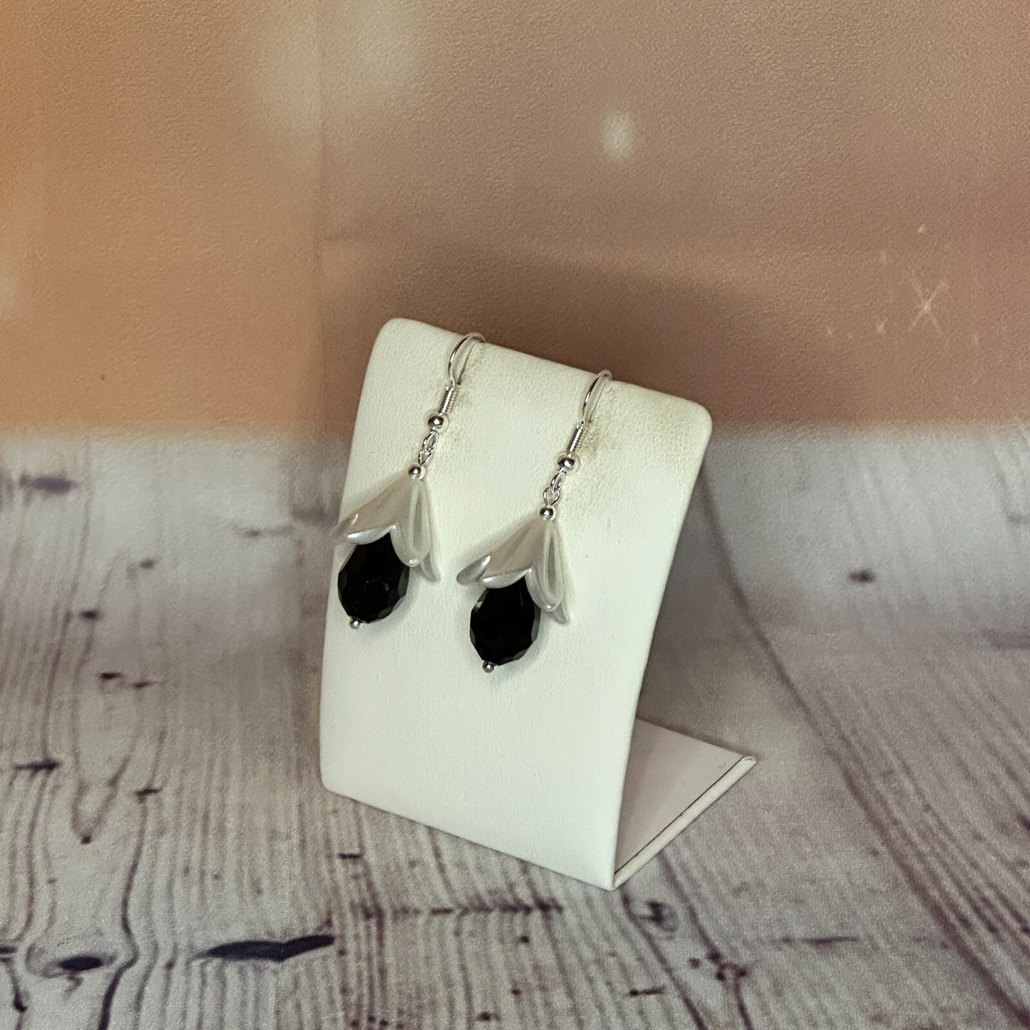 Black Drop Crystal Lily Flower Dangle Drop Earrings Handmade UK Jewellery1