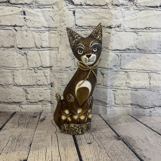 30cm Brown Silver Dots Wooden Shabby Cat Statue Ornament Fair Trade Handcarved0