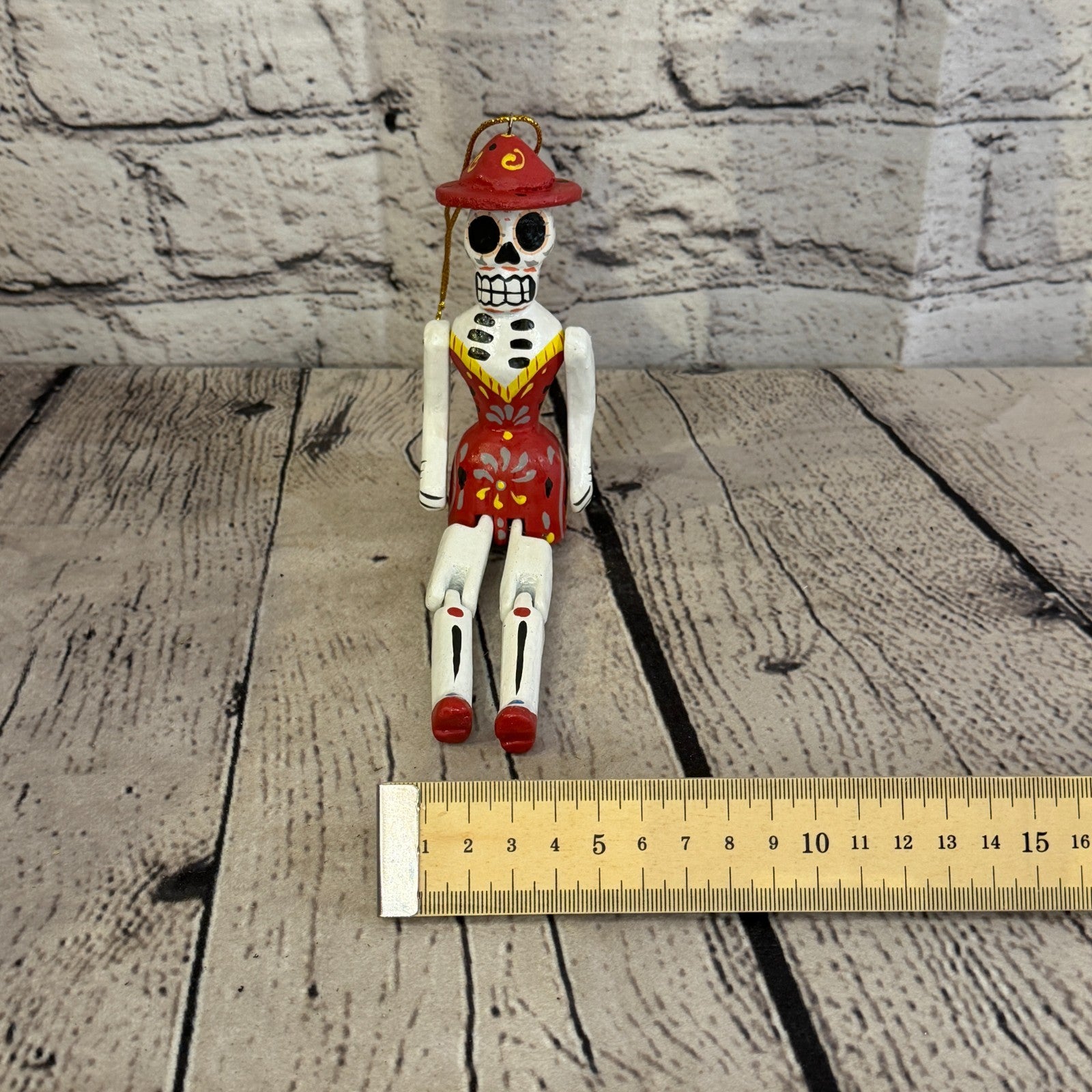 10cm Red Day Of The Dead Lady Sitting Animal, Wooden Shelf Ornament Fairtrade6