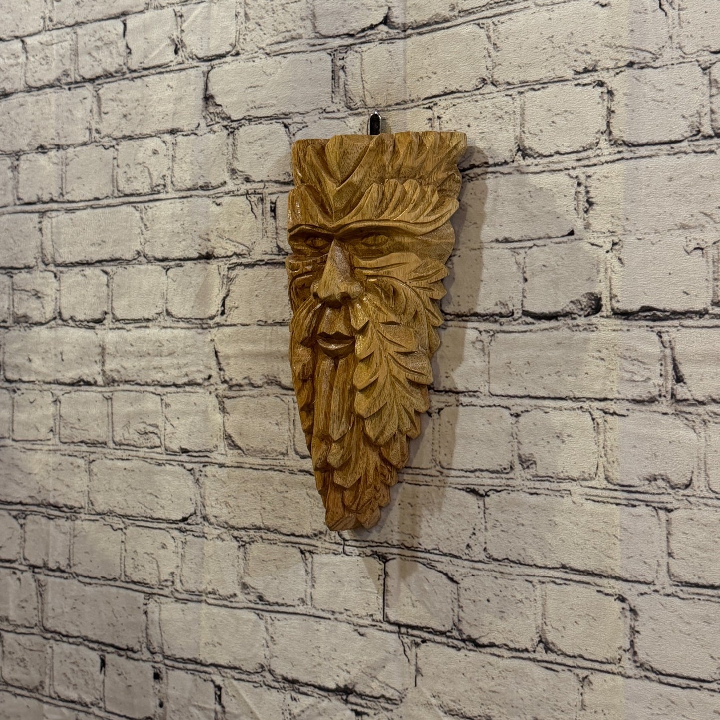 Green Man Of The Woods 30cm x 15cm Flat Carved Wizard Tree Trunk Wood Fairtrade1