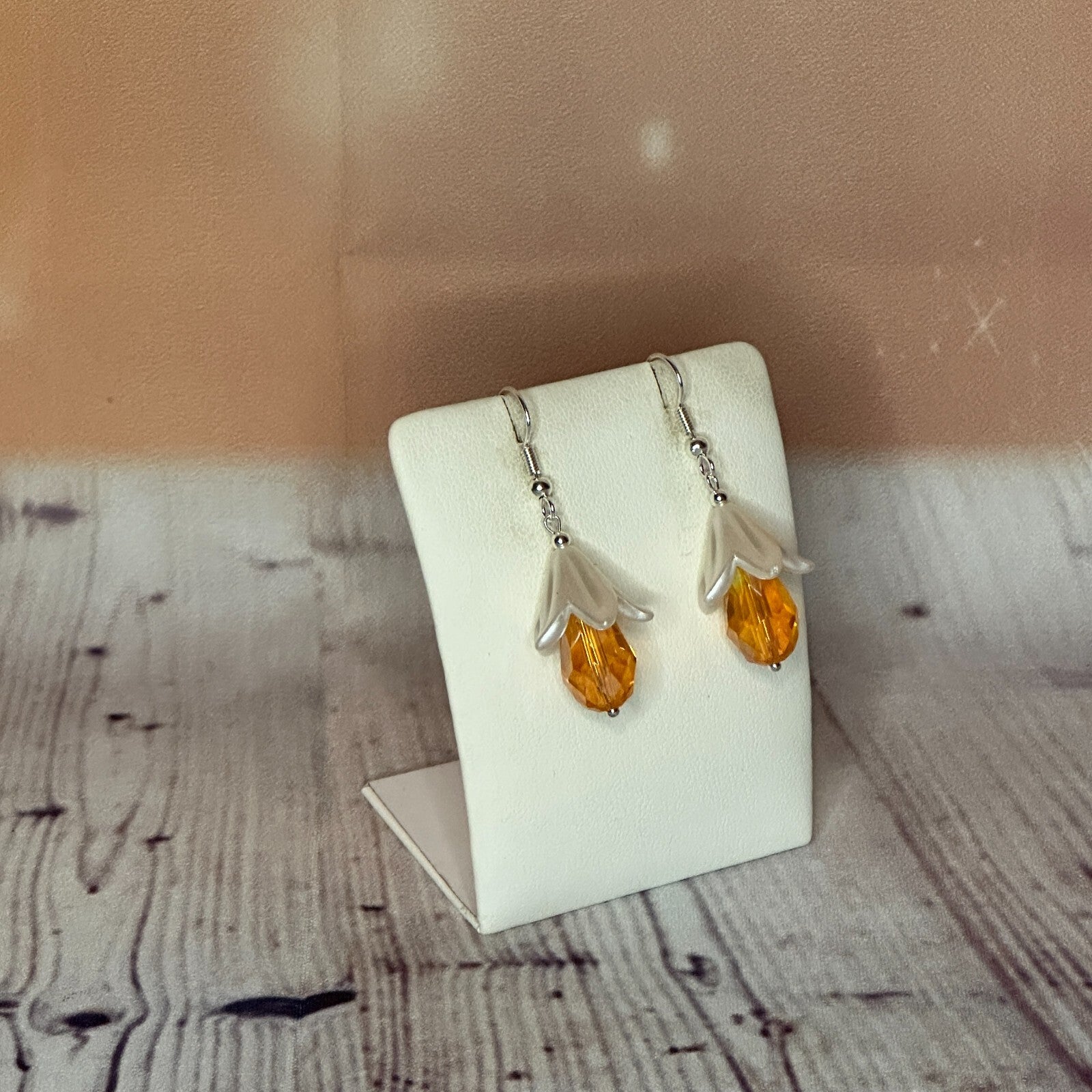 Orange Drop Crystal Lily Flower Dangle Drop Earrings Handmade UK Jewellery2