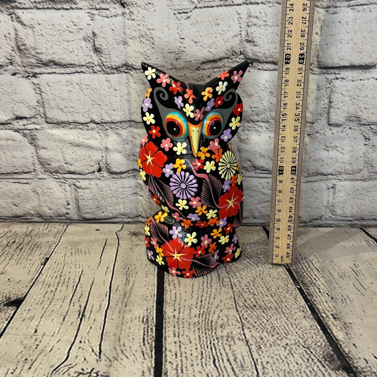 Black Large Wooden Owl With Flower Pattern 20cm x 8cm Handmade and Fairtrade5