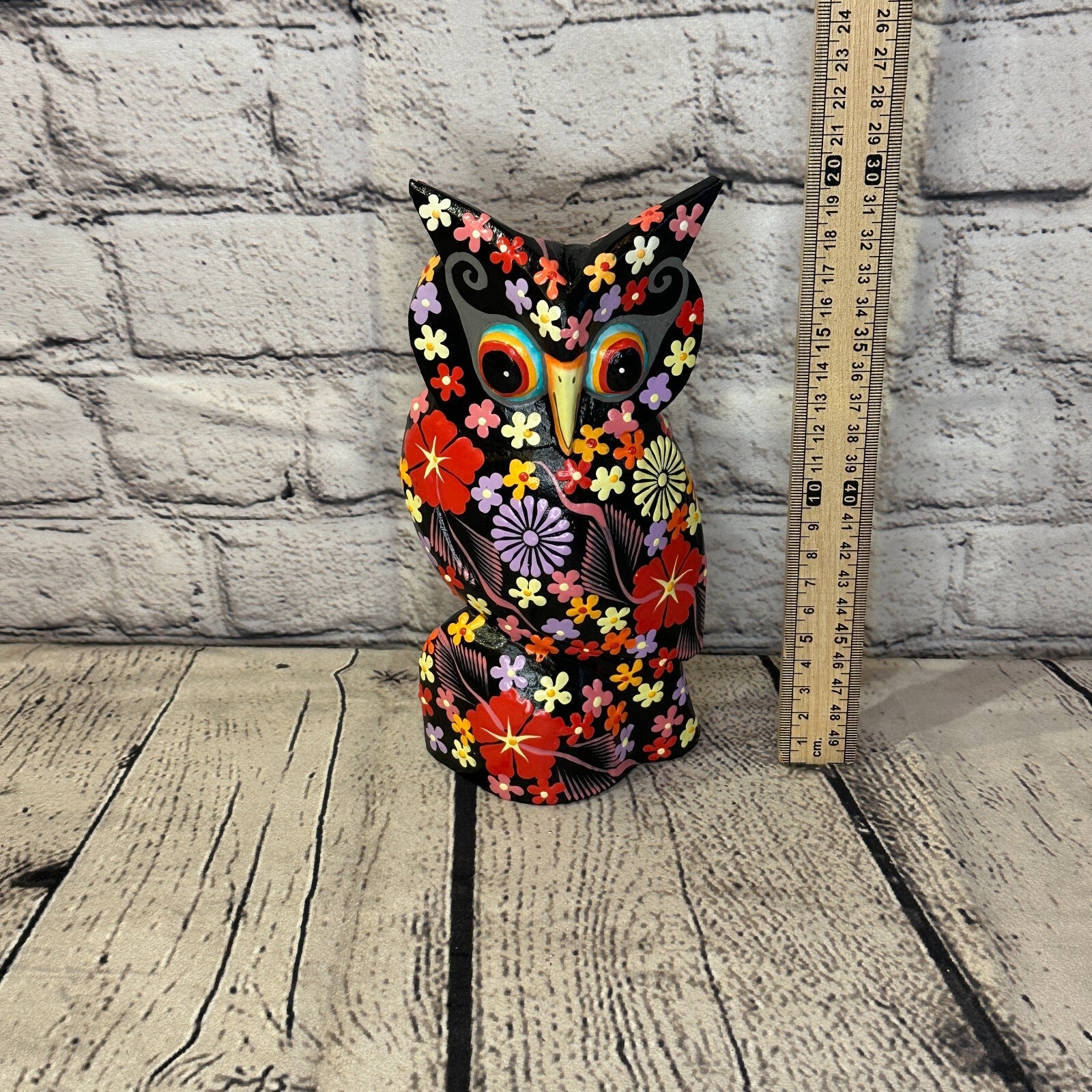 Black Large Wooden Owl With Flower Pattern 20cm x 8cm Handmade and Fairtrade5