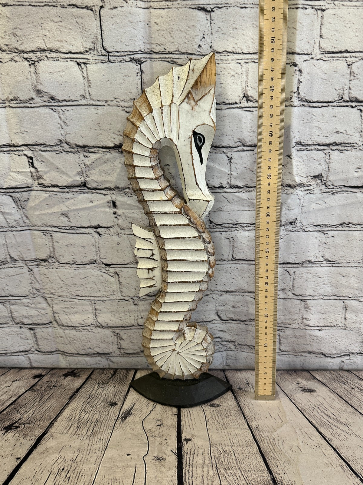50cm White Brown Wooden Shabby Seahorse Statue Ornament Fair Trade Handcarved6