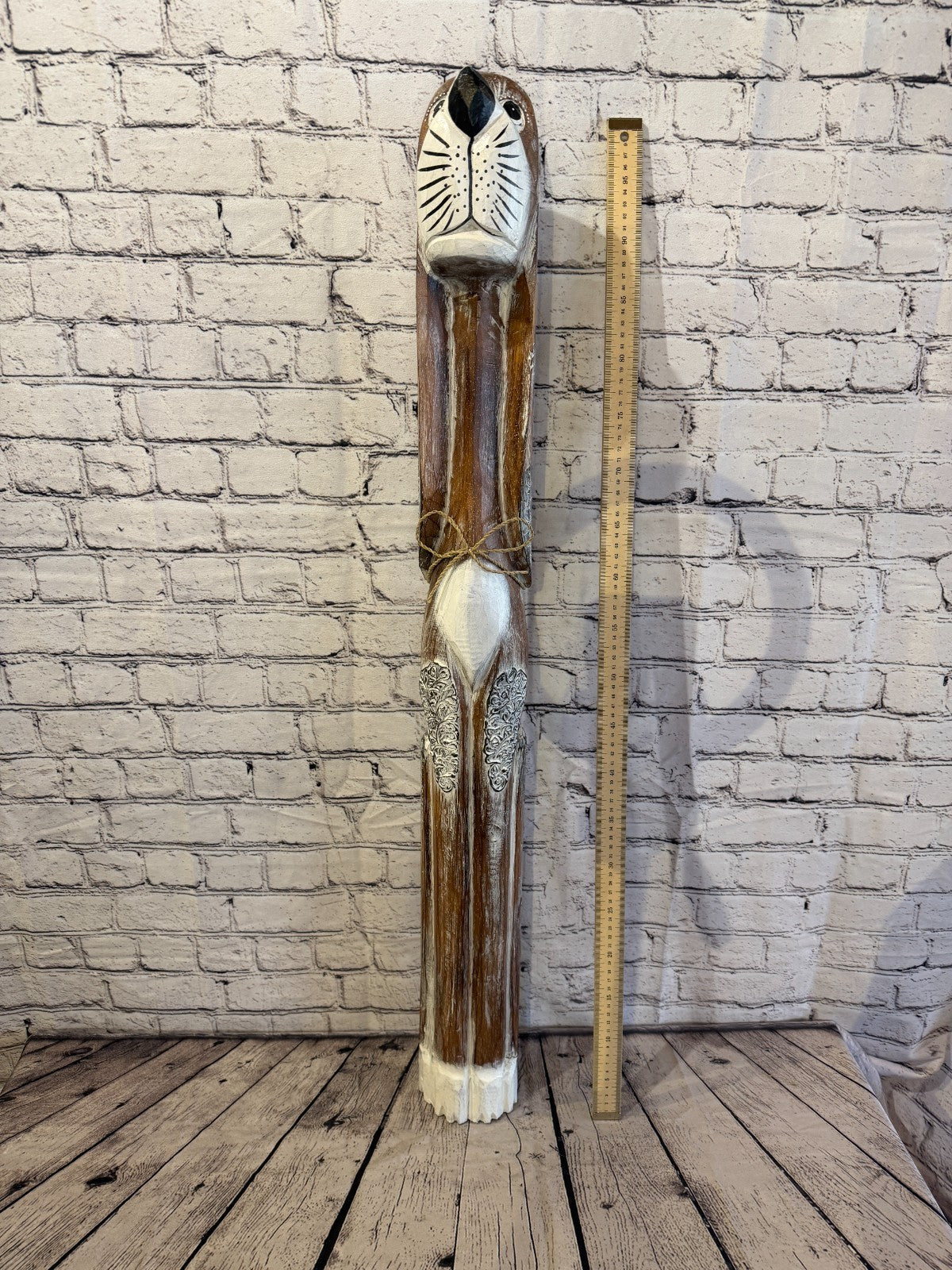 100cm Light Brown Wooden Shabby Dog Statue Ornament Fair Trade Handcarved5