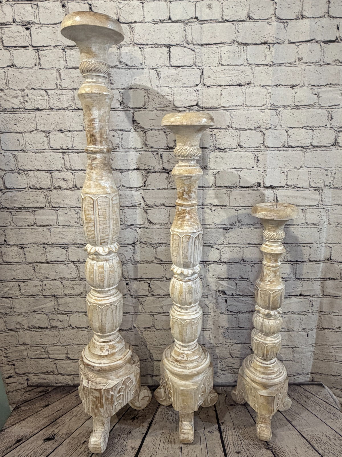 80cm x 18cm White Regal Wooden Vintage Style Candle Stand Shabby Pillar Holders7