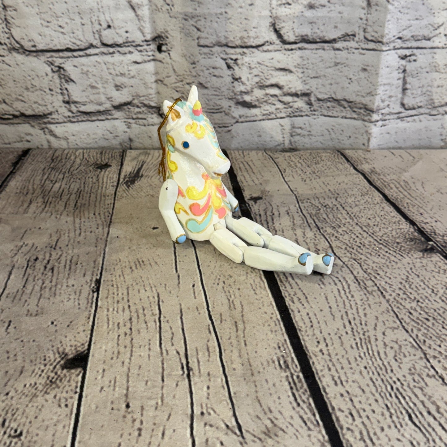 10cm Rainbow Flower Unicorn Sitting Animal, Wooden Shelf Ornament Fairtrade2