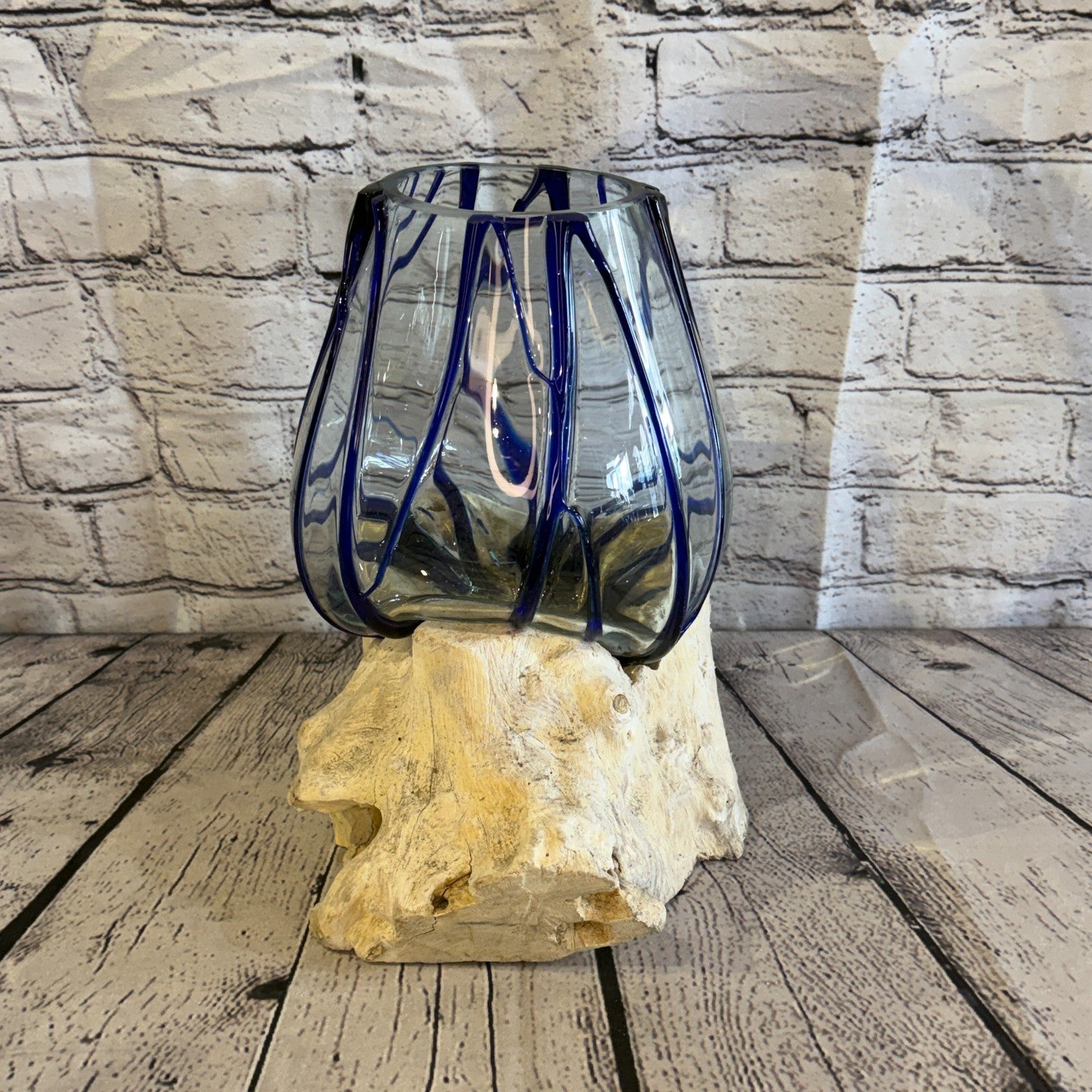 30cm Tall Blue Streak Melted Glass Wood Decorative Vase Glass Sculpture Crafted1