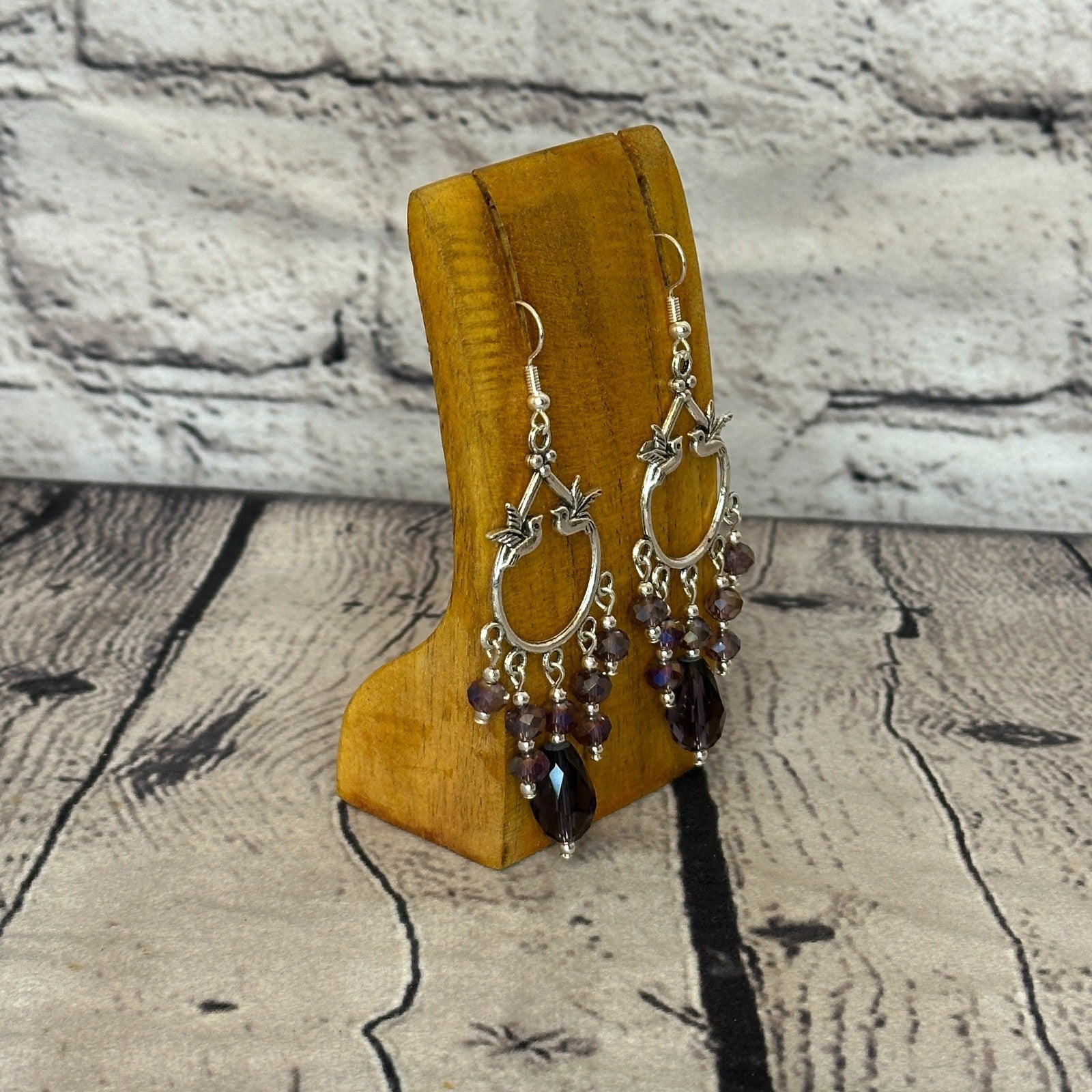 Purple Drop Crystal Bird Dangle Drop Earrings Handmade UK Jewellery2