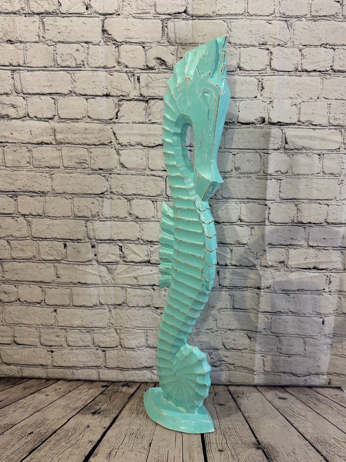 80cm Green Teal Wooden Shabby Seahorse Statue Ornament Fair Trade Handcarved2