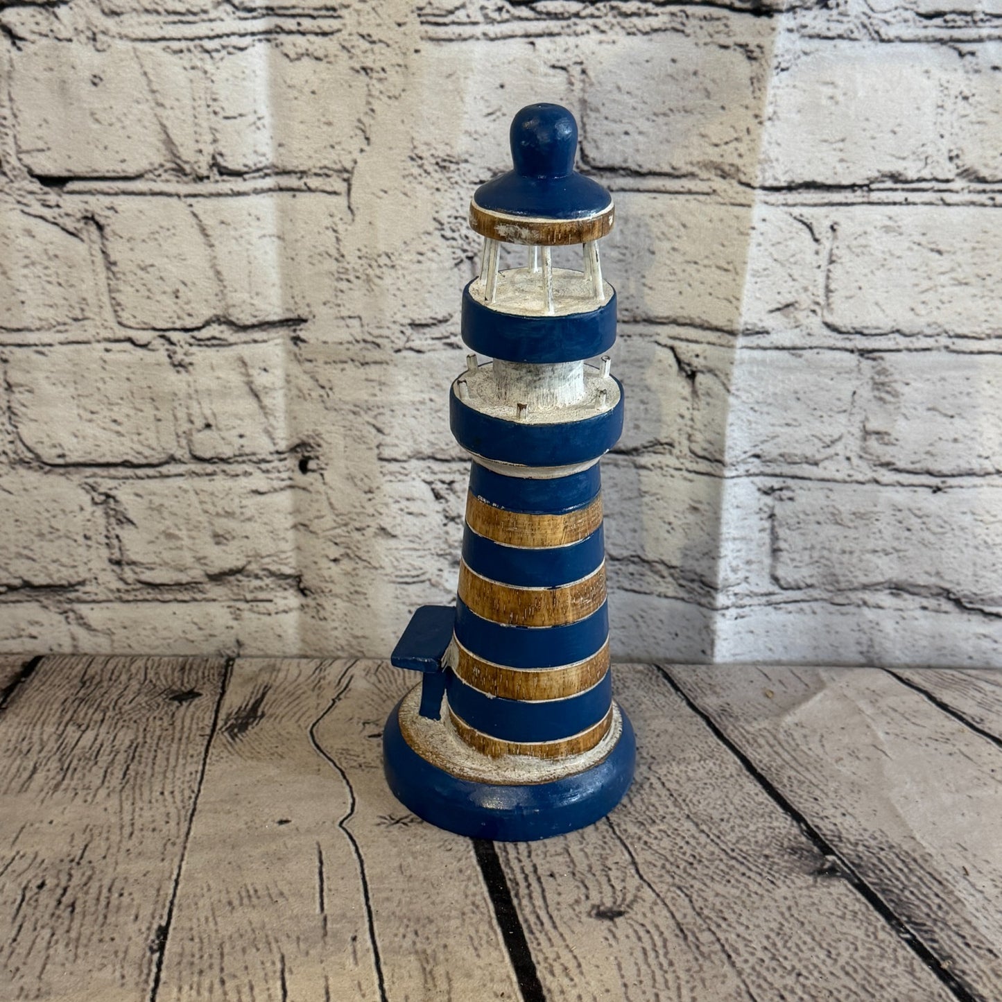 25cm Blue White Wooden Lighthouse Detailed Ornament Nautical Coastal Sculpture2