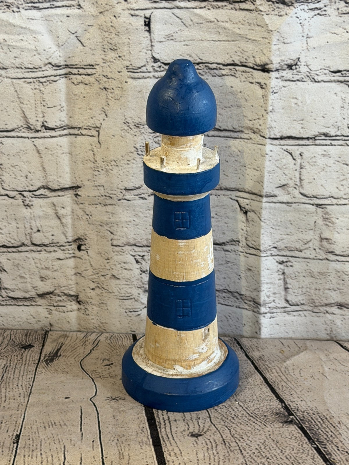 30cm Blue White Wooden Lighthouse Ornament Nautical Coastal Sculpture Statue0