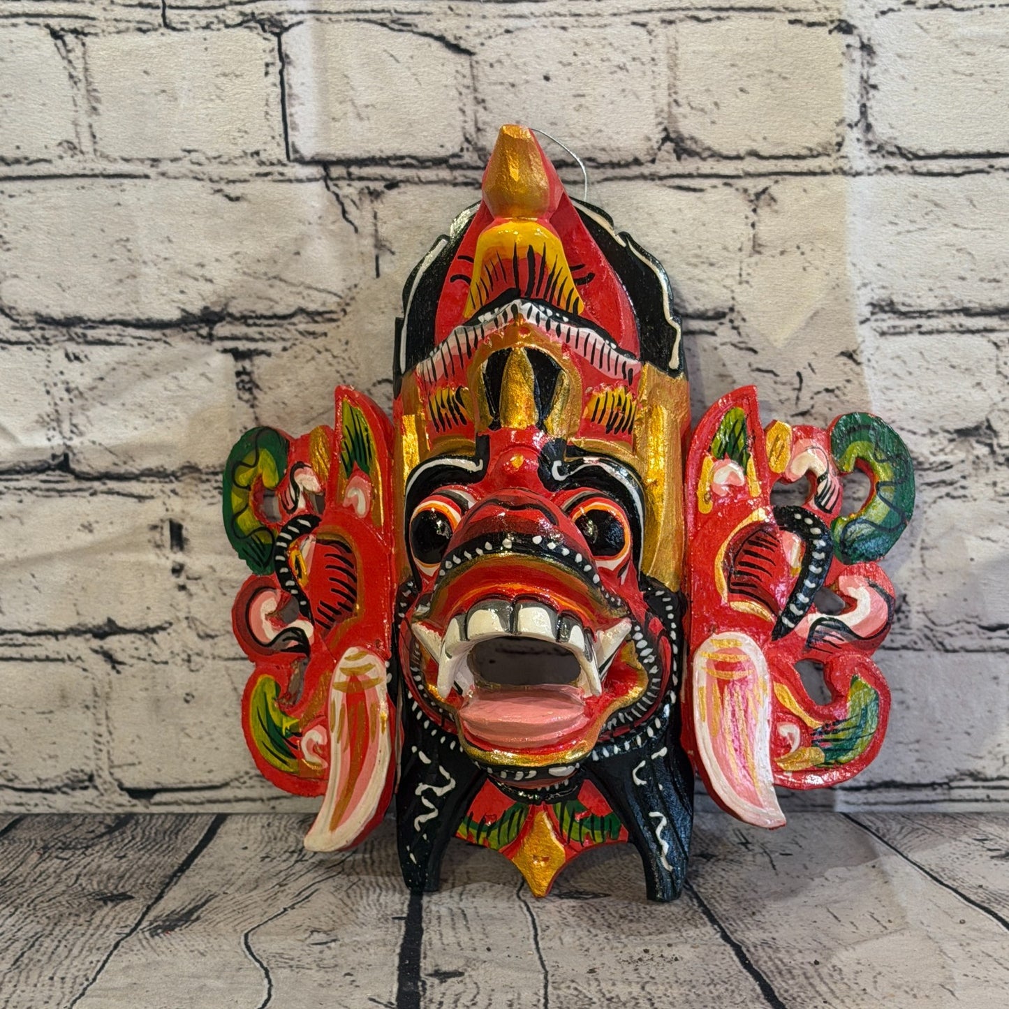 25cm Barong Crown Red Demon Dragon Hindu Deity Wooden Hand Carved Mask Painted2