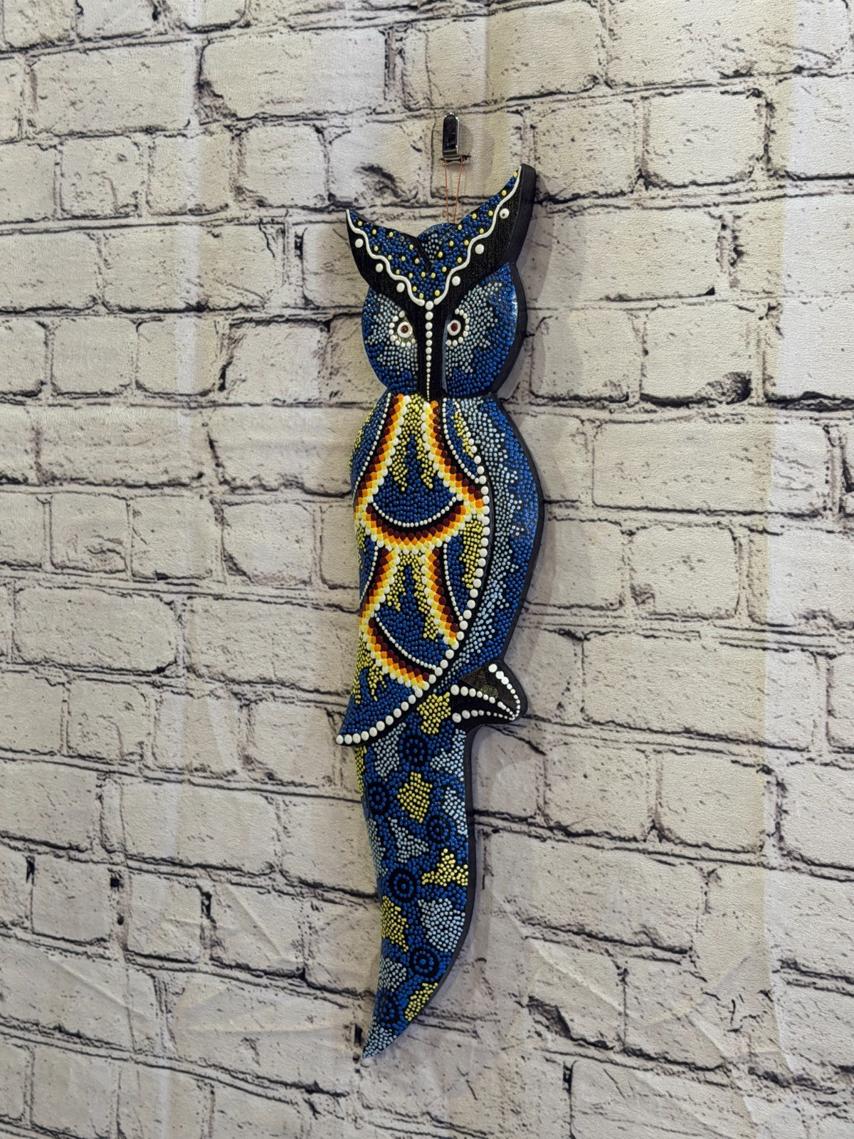 45cm Owl Bird Carved Wooden Dot Painted Ethnic Tribal Tiki Wall Art No 51