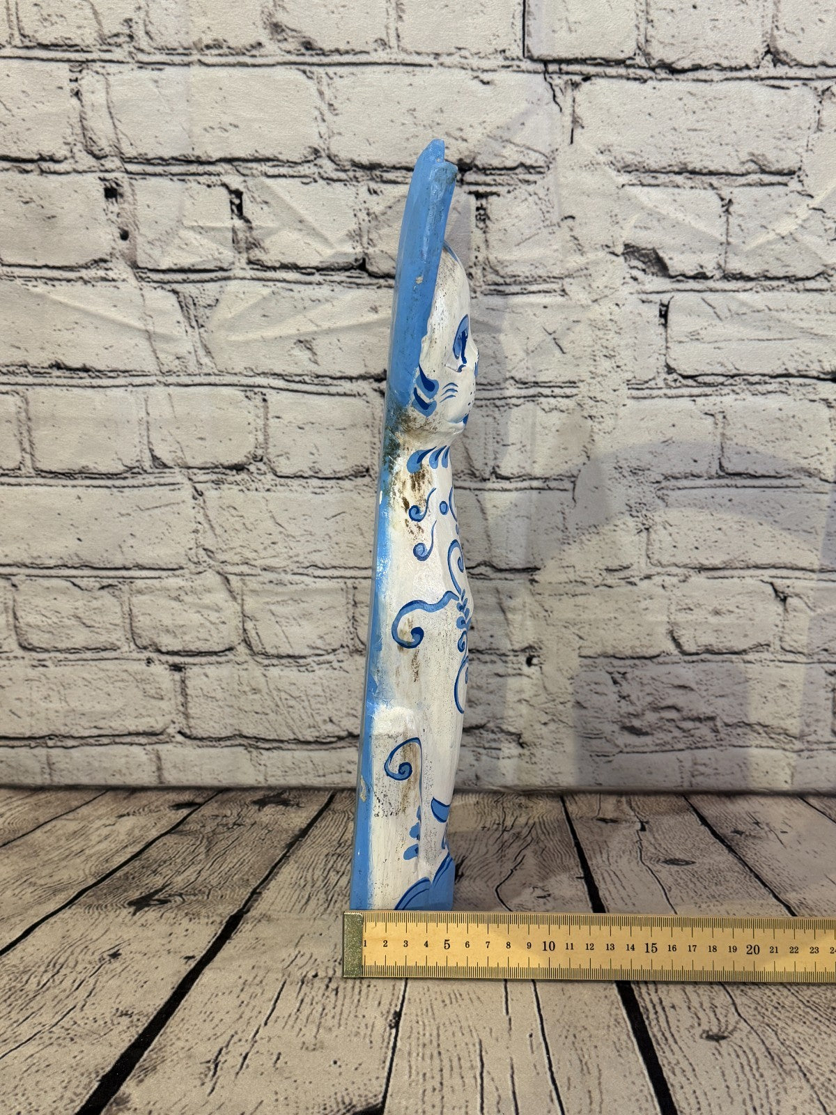 40cm Blue White Flower Wooden Shabby Cat Statue Ornament Fair Trade Handcarved7