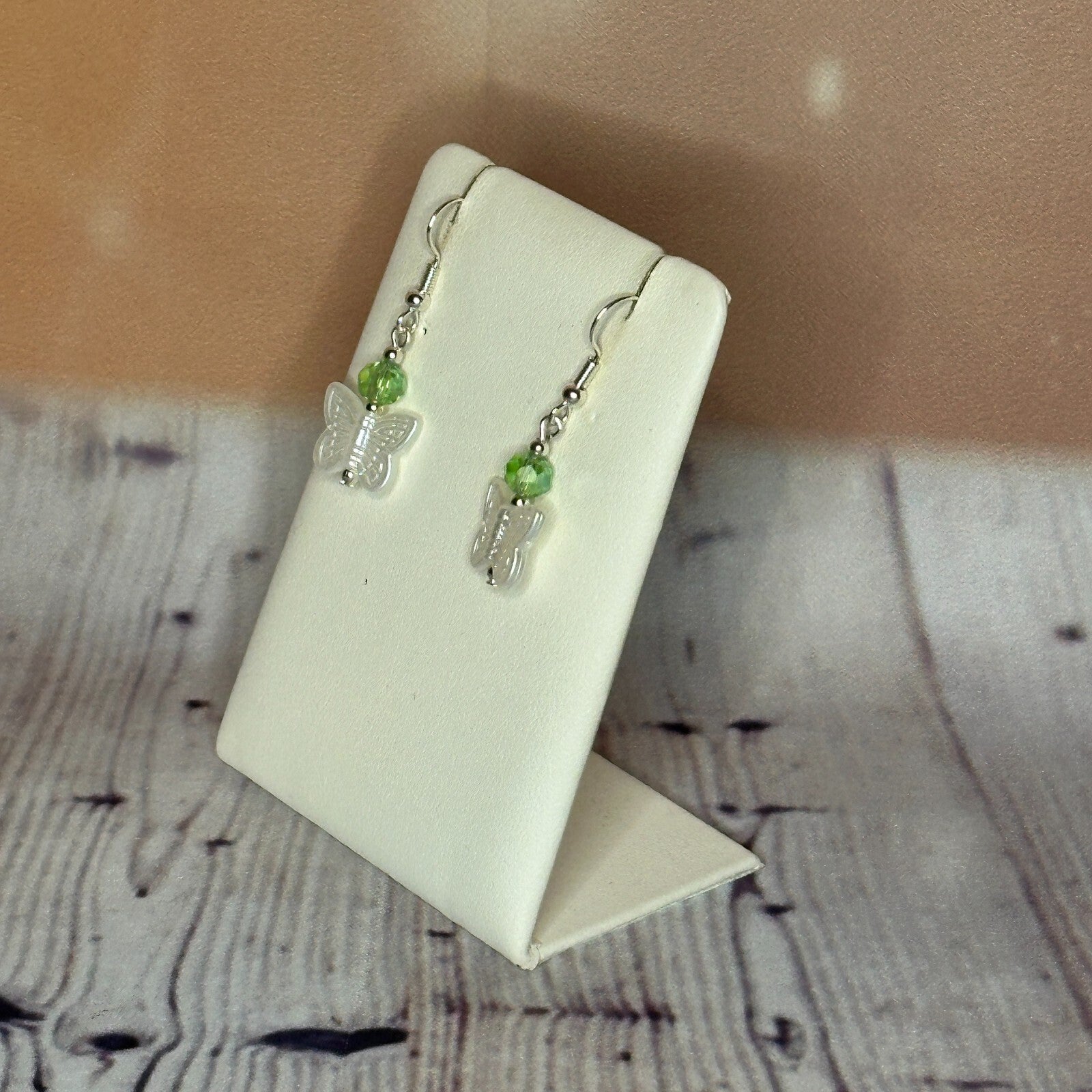 L Green Crystal And White Butterfly Dangle Drop Earrings Handmade UK Jewellery1