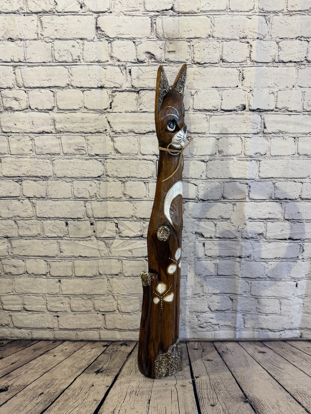 80cm Brown Silver Dots Wooden Shabby Cat Statue Ornament Fair Trade Handcarved2