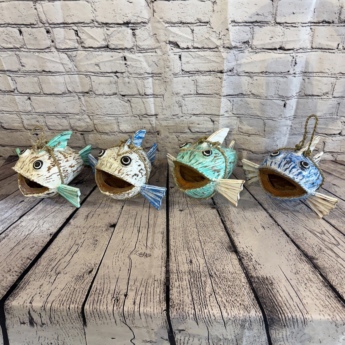 White Blue Fins Folk Art Painted Shark Fish Coconut Shell Ornaments Hanging10