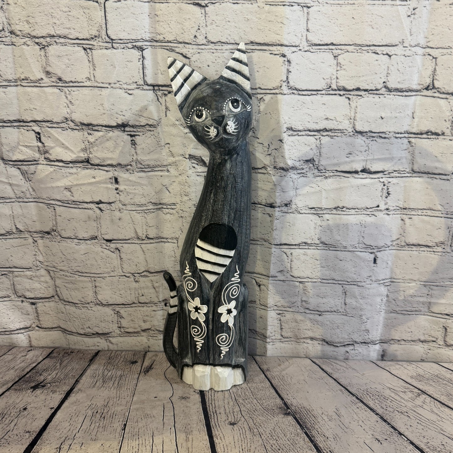 50cm Grey Flower Wooden Shabby Cat Statue Ornament Fair Trade Handcarved0