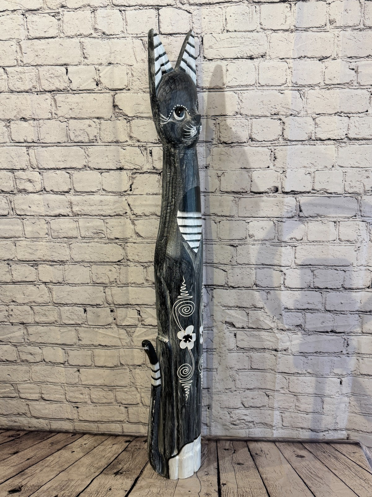 100cm Grey Flower Wooden Shabby Cat Statue Ornament Fair Trade Handcarved2