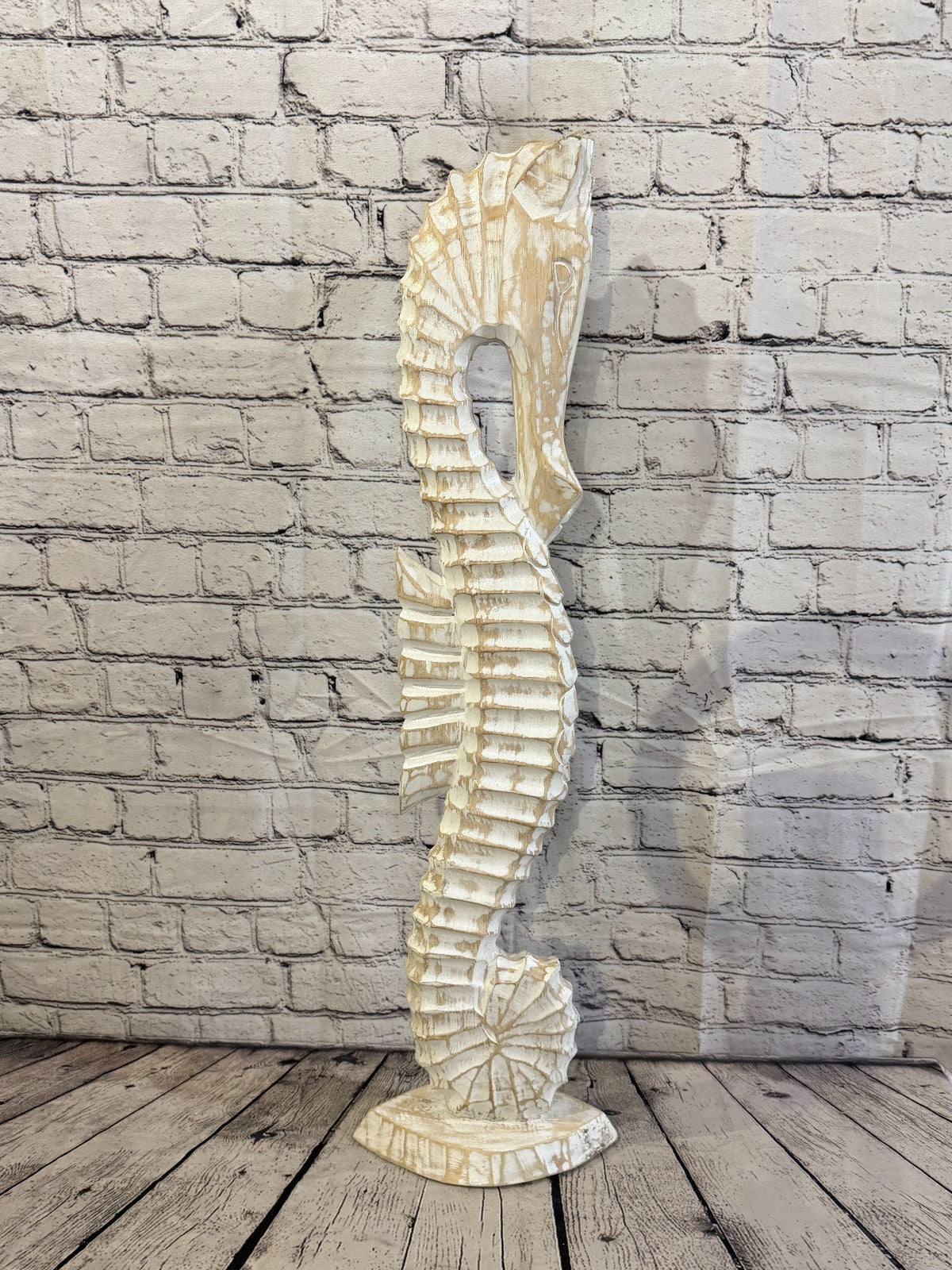 80cm White Wooden Shabby Seahorse Statue Ornament Fair Trade Handcarved3