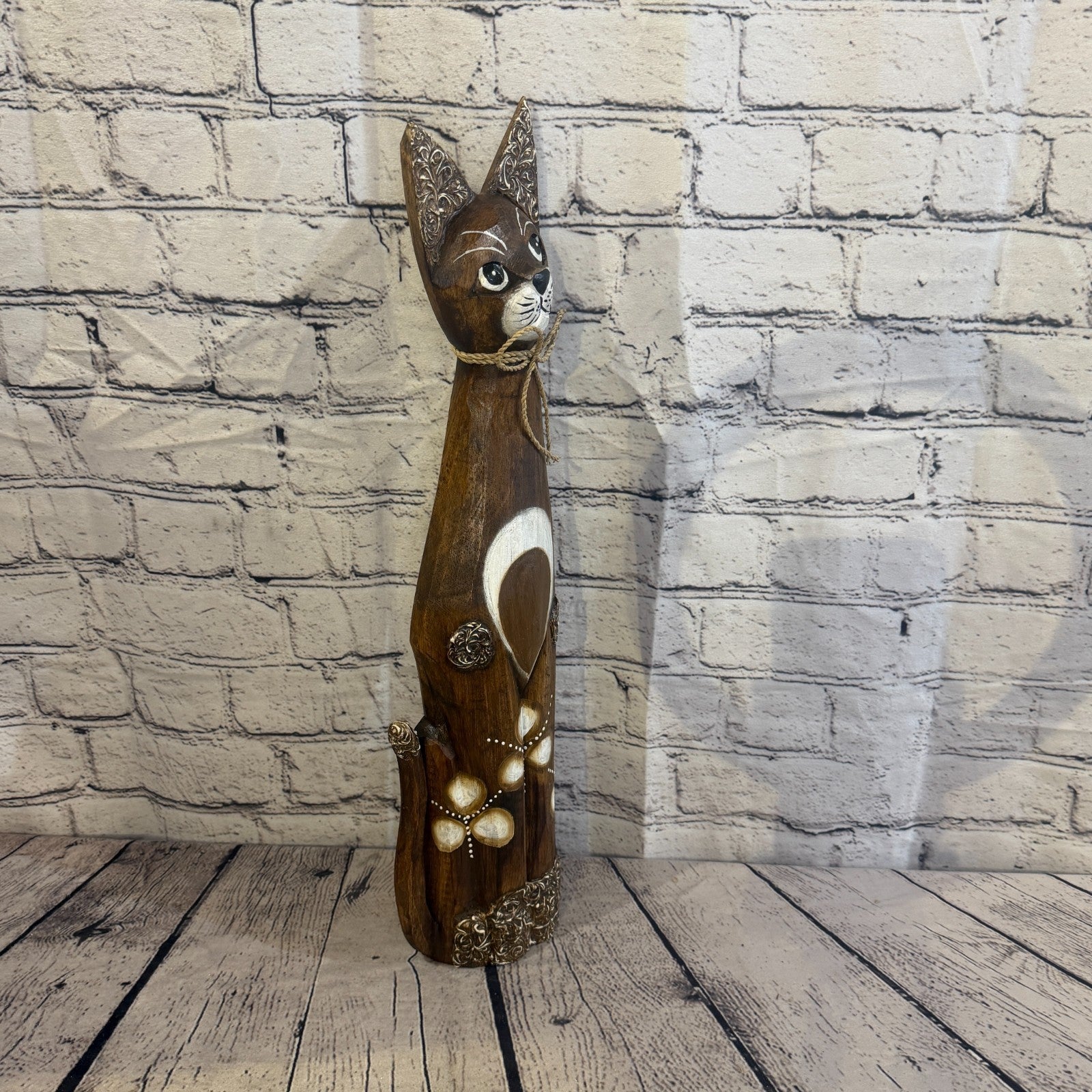 50cm Brown Silver Dots Wooden Shabby Cat Statue Ornament Fair Trade Handcarved2