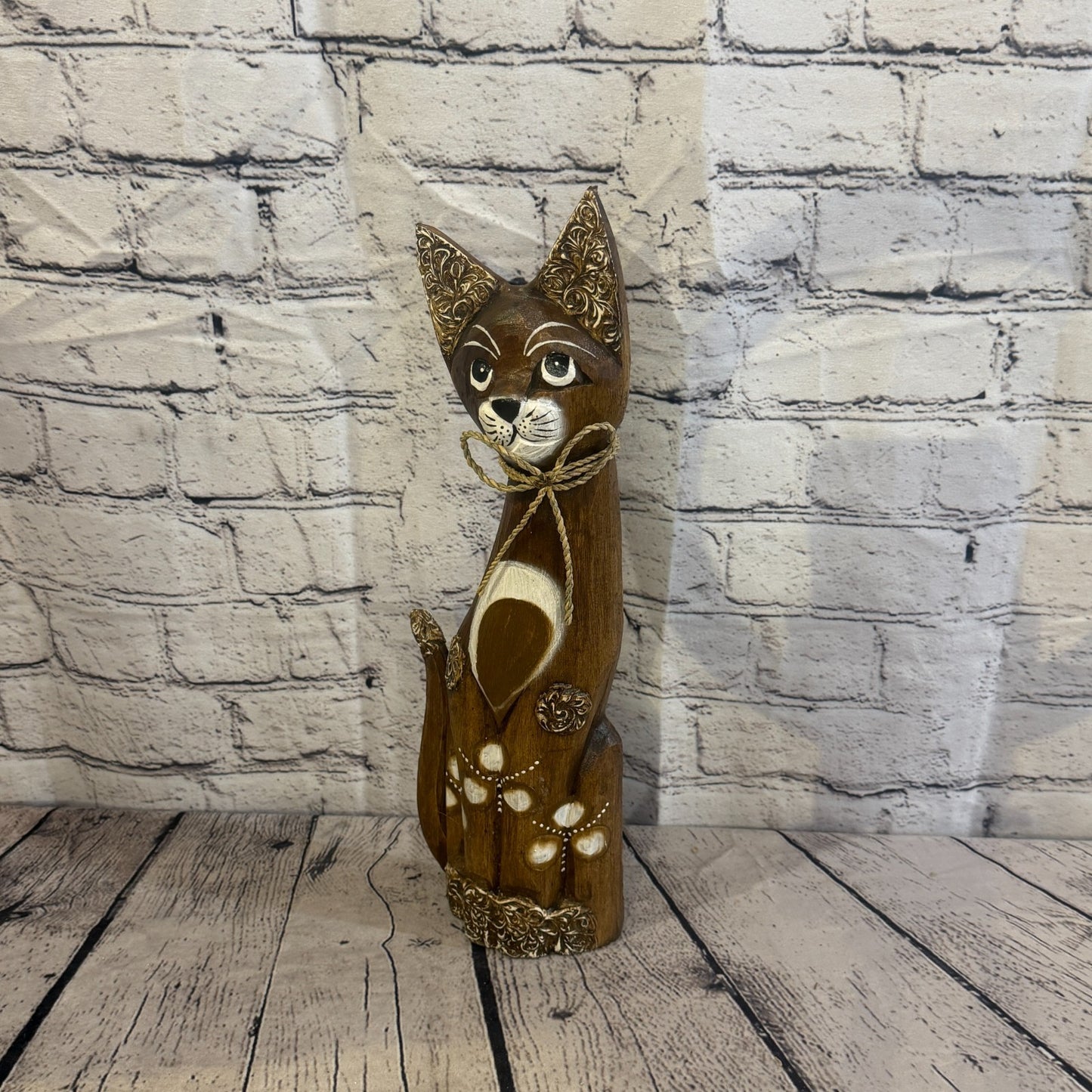 40cm Brown Silver Dots Wooden Shabby Cat Statue Ornament Fair Trade Handcarved1