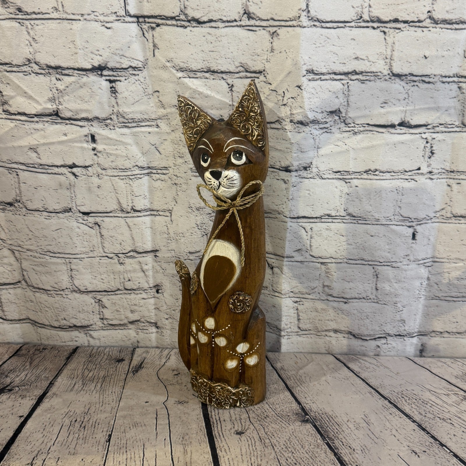 40cm Brown Silver Dots Wooden Shabby Cat Statue Ornament Fair Trade Handcarved1