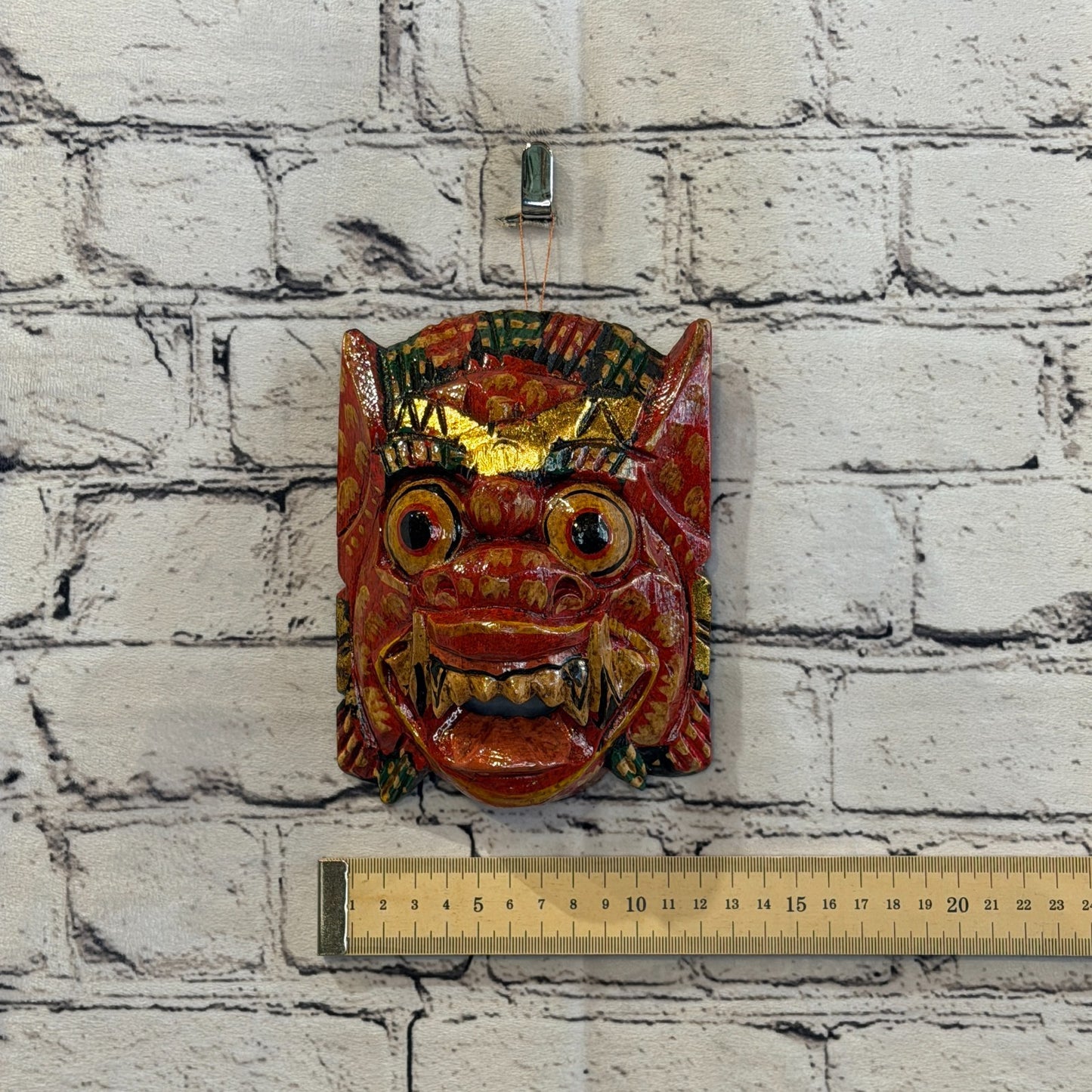 Small Wooden Red Barong Wall Mask 12cm x 12cm Handmade And Fairtrade Hindu3