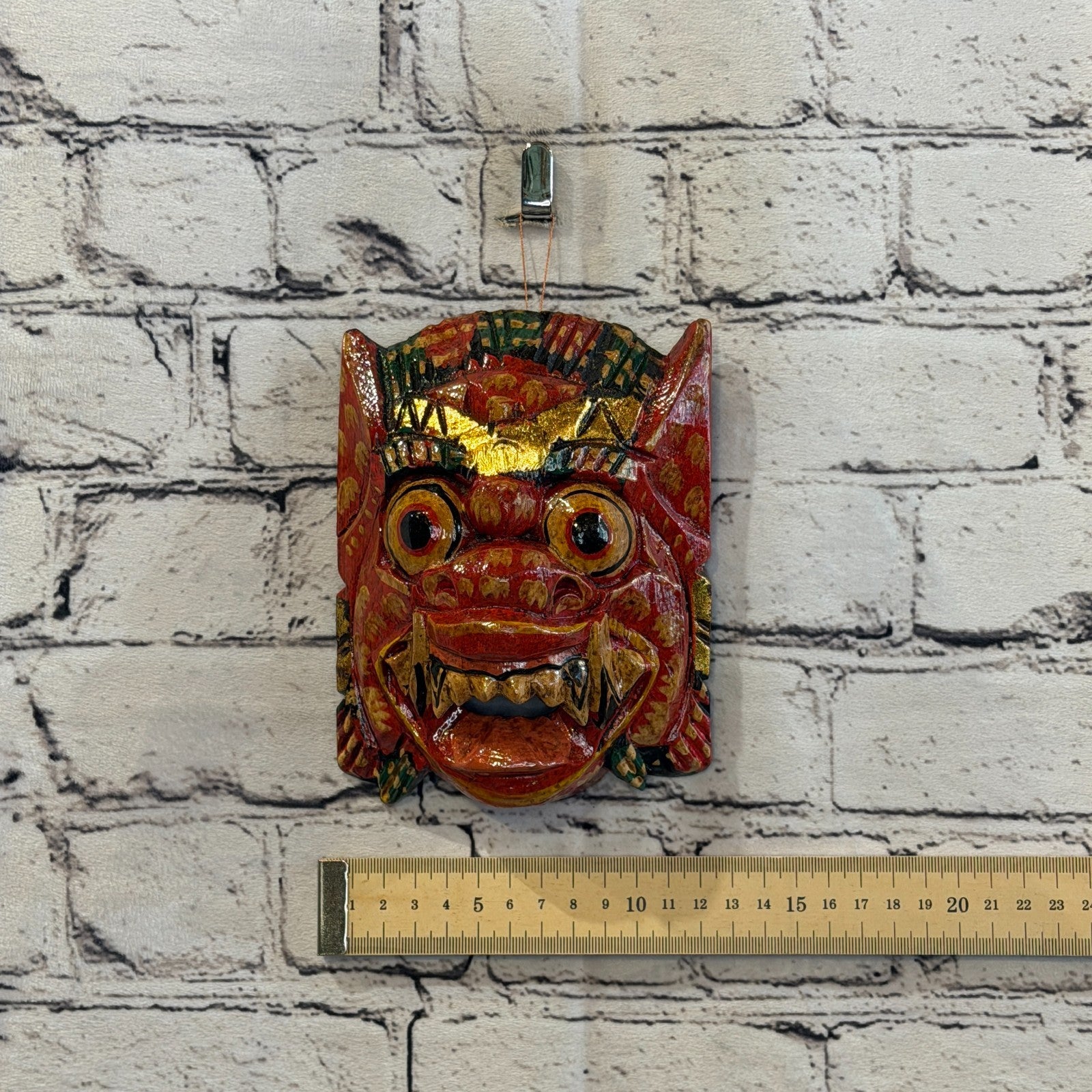 Small Wooden Red Barong Wall Mask 12cm x 12cm Handmade And Fairtrade Hindu3