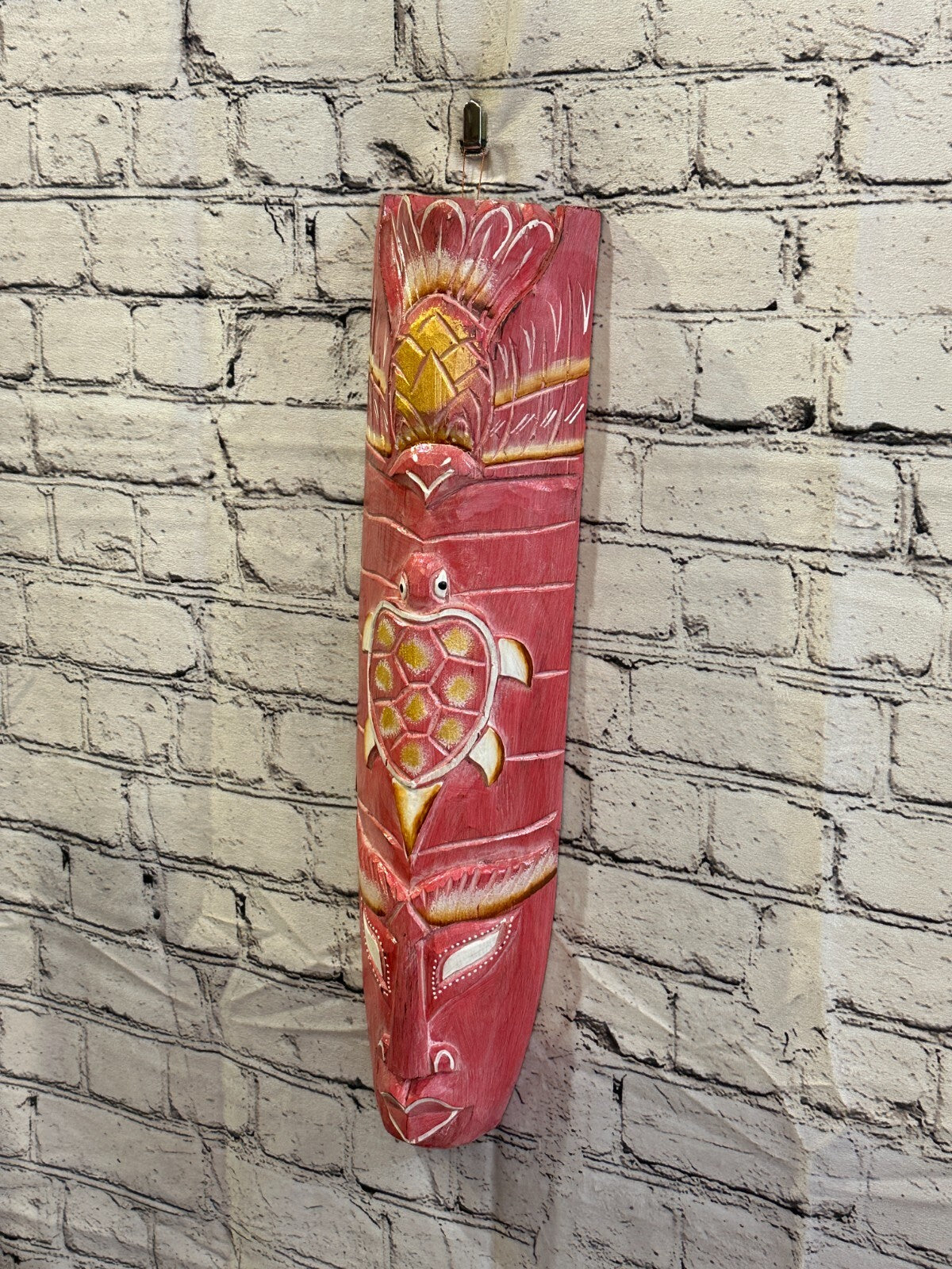 50cm Pink Turtle Hand Carved Fair Trade Wooden Animal Wall Art Hang Mask1