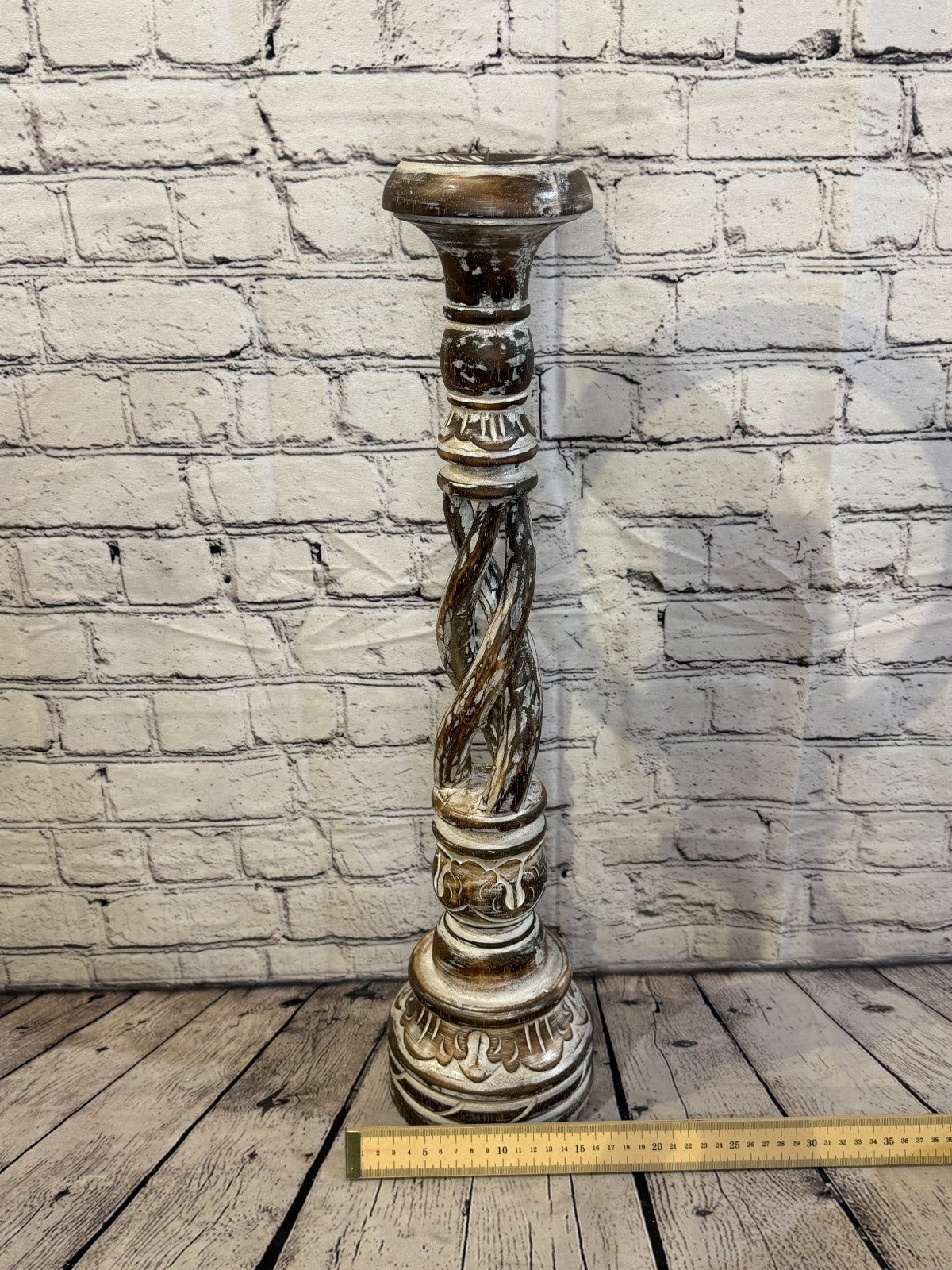 60cm x 15cm Brown Twist Wooden Vintage Style Candle Stand Shabby Pillar Holders4