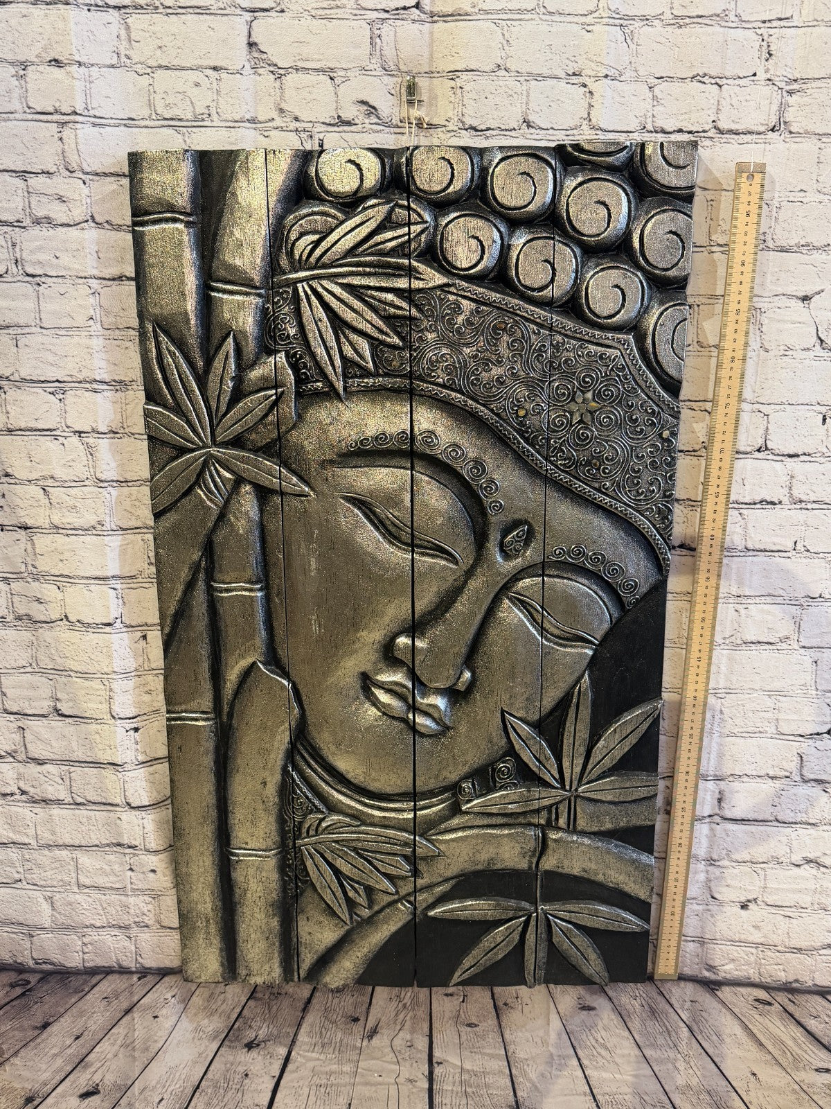 100cm x 60cm Silver Black Buddha Wall Art Plaque Handcarved Wooden Wood Panel4