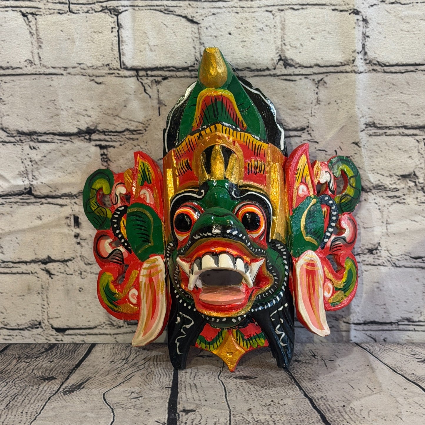 25cm Barong Crown Green Demon Dragon Hindu Deity Wooden Hand Carved Mask Painted2