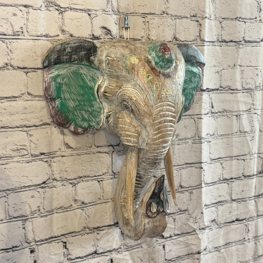40cm x 35cm Silver Green Painted Wood Elephant Head Wall Mounted Art Shabby0