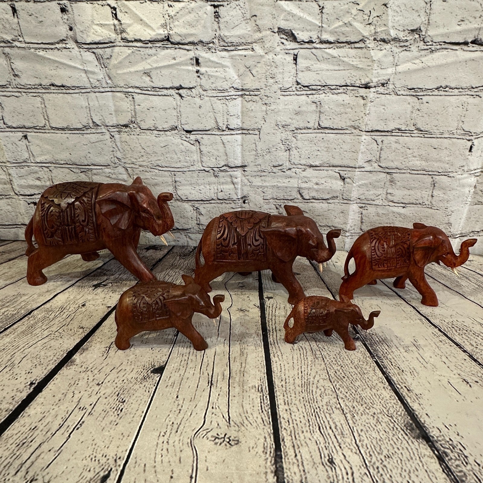 10cm x 6cm Carved Wooden Baby Elephant Wood Brown Sculpture Retro Handmade9