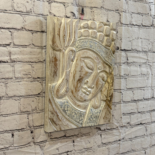 Wooden Wood Panel 40cm Silver Cream Buddha Lotus Wall Art Plaque Handcarved0