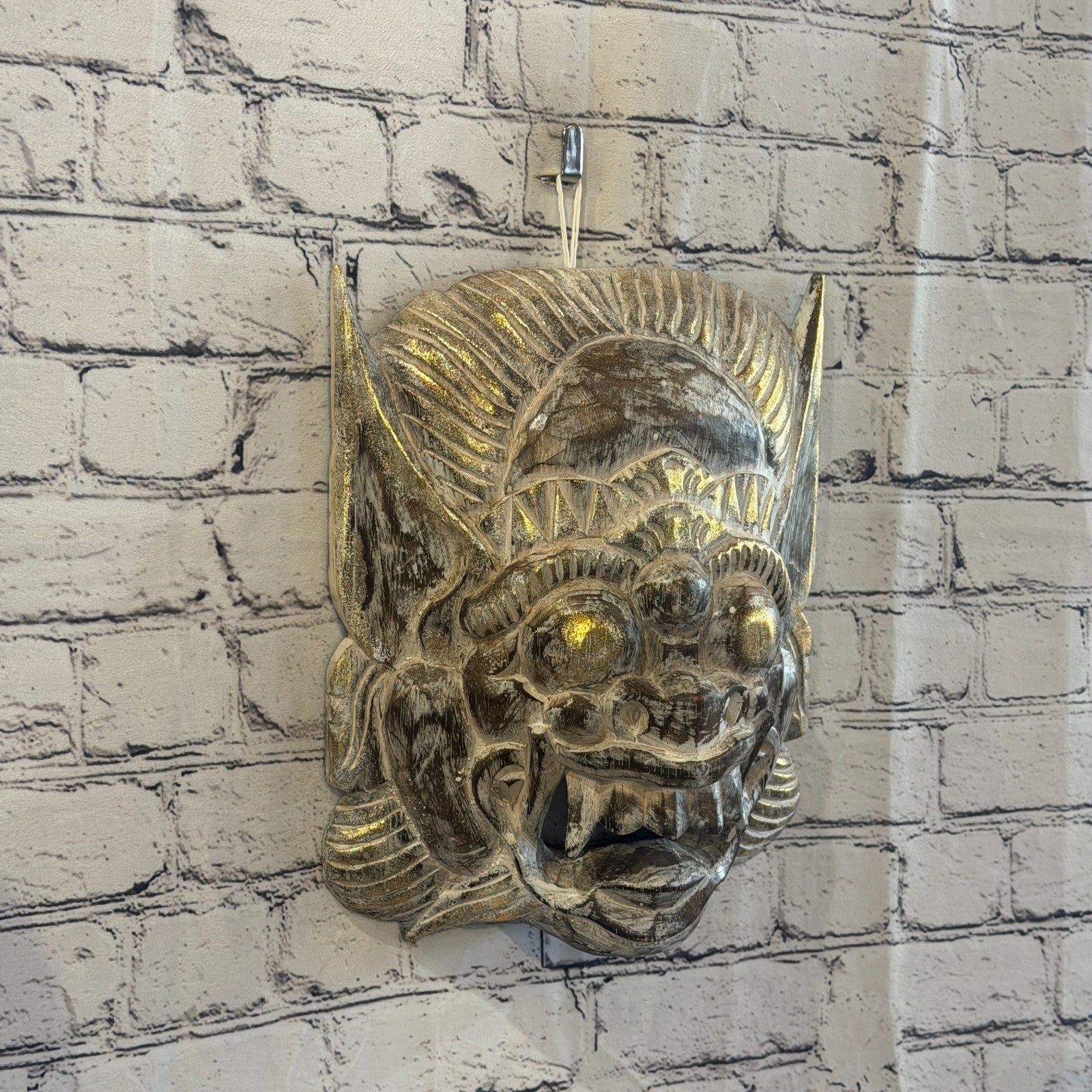 Brown With Gold Barong Wall Mask 30cm x 25cm Handmade And Fairtrade Hindu0