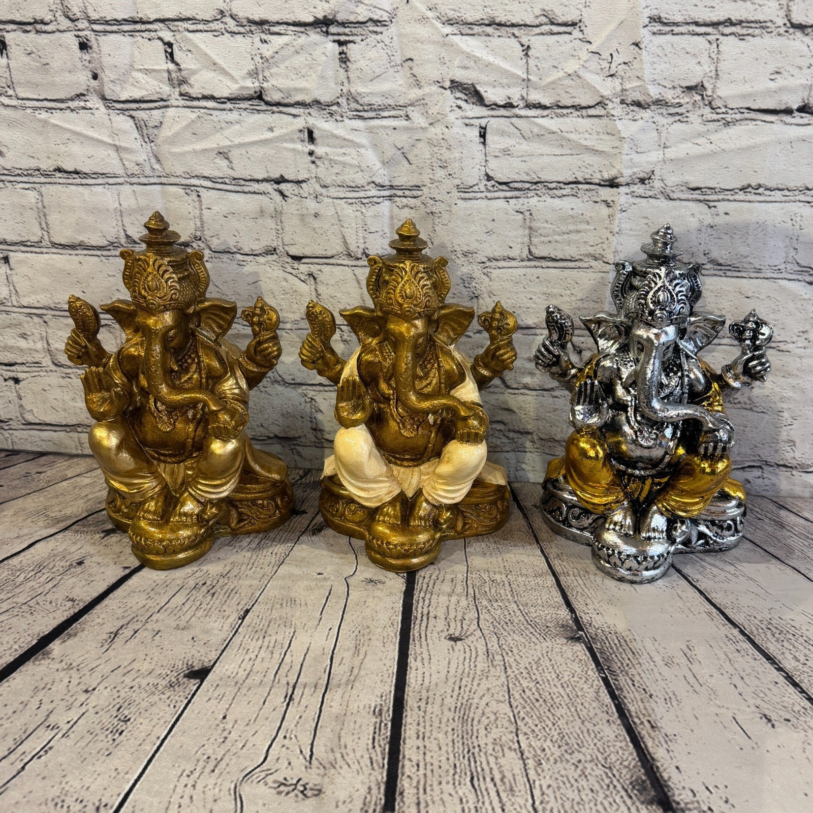 Silver And Gold 25cm Large Ganesh Ganesa Sitting On Lotus Statue Resin Hindu9