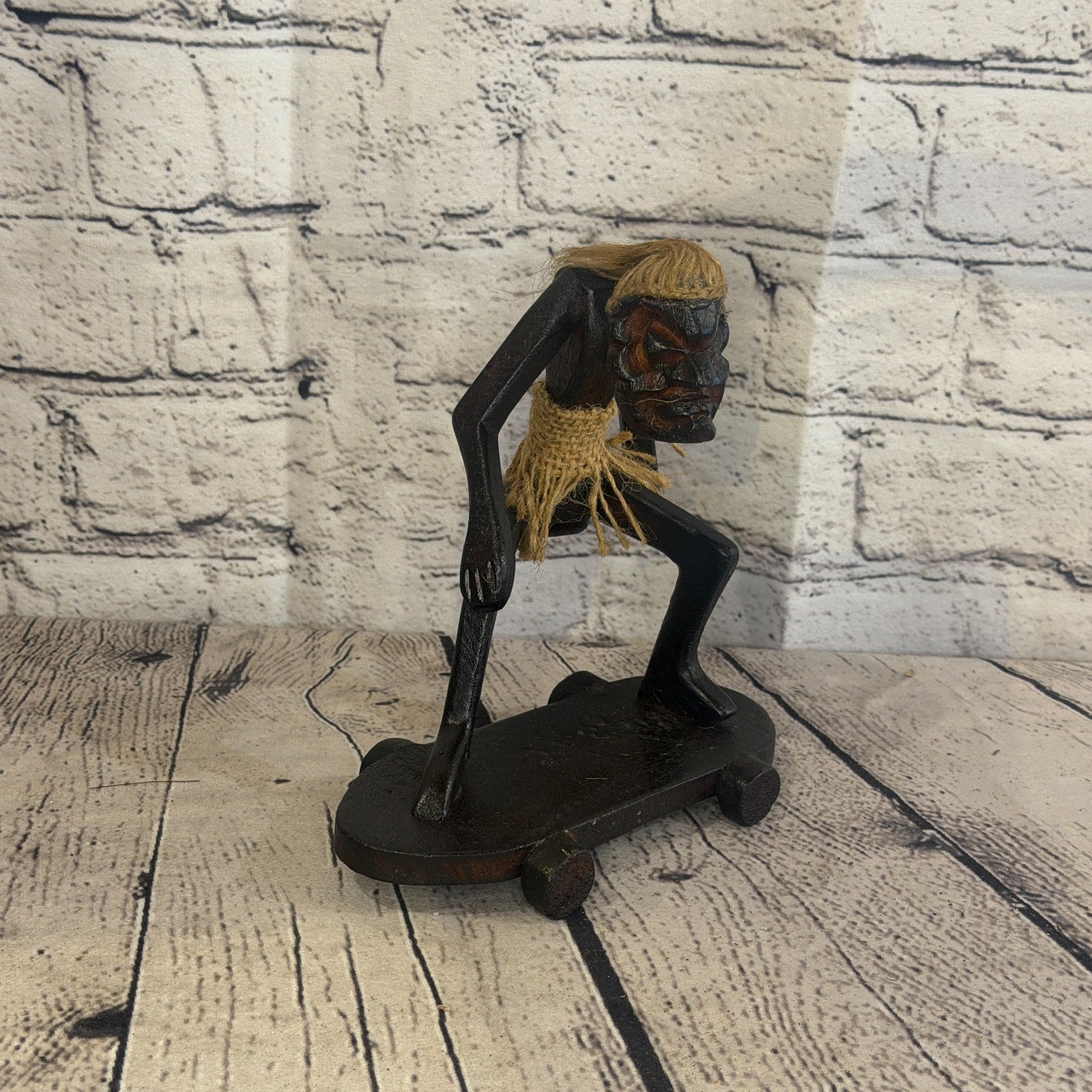 15cm Skateboard Riding African Tribal Warrior Man Figure Statue Wood Hand Carved0