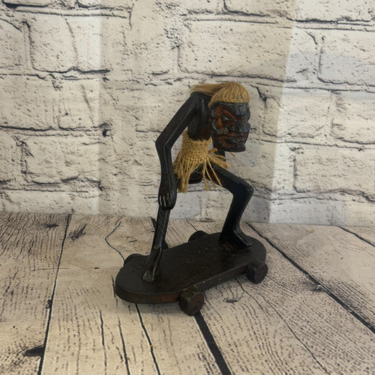15cm Skateboard Riding African Tribal Warrior Man Figure Statue Wood Hand Carved0